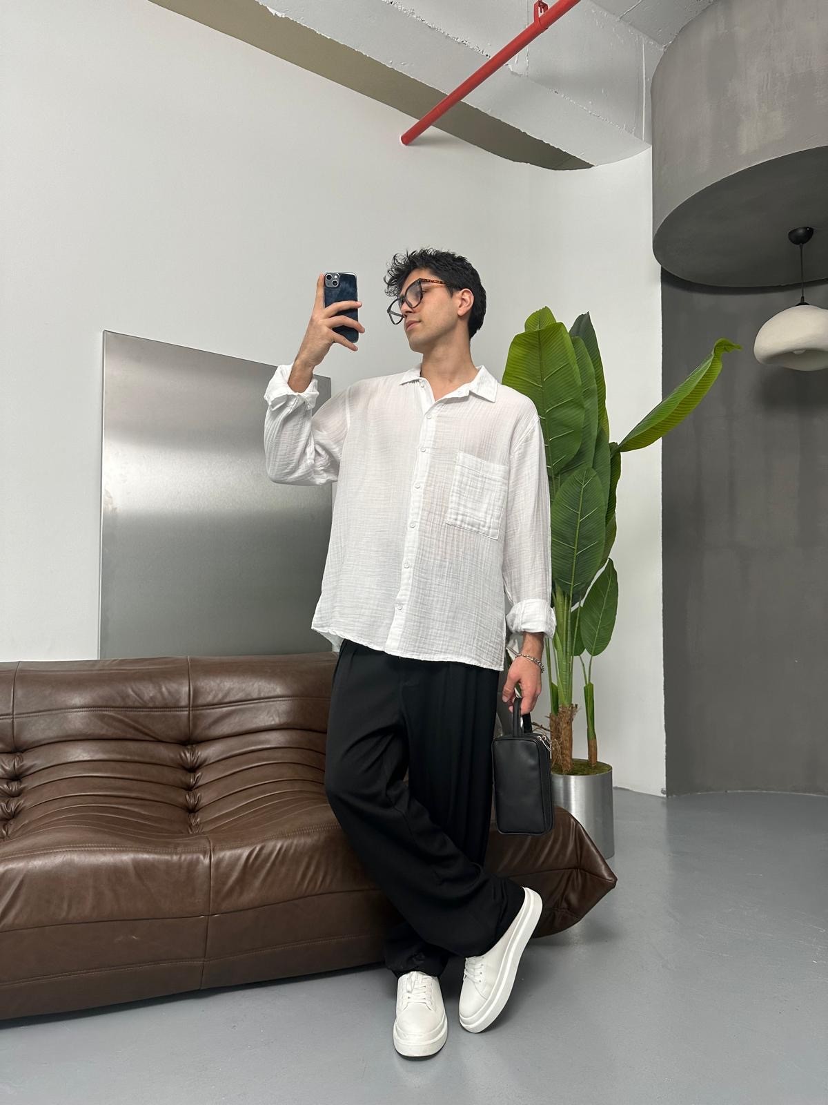 Cepli Müslim Oversize Beyaz Gömlek