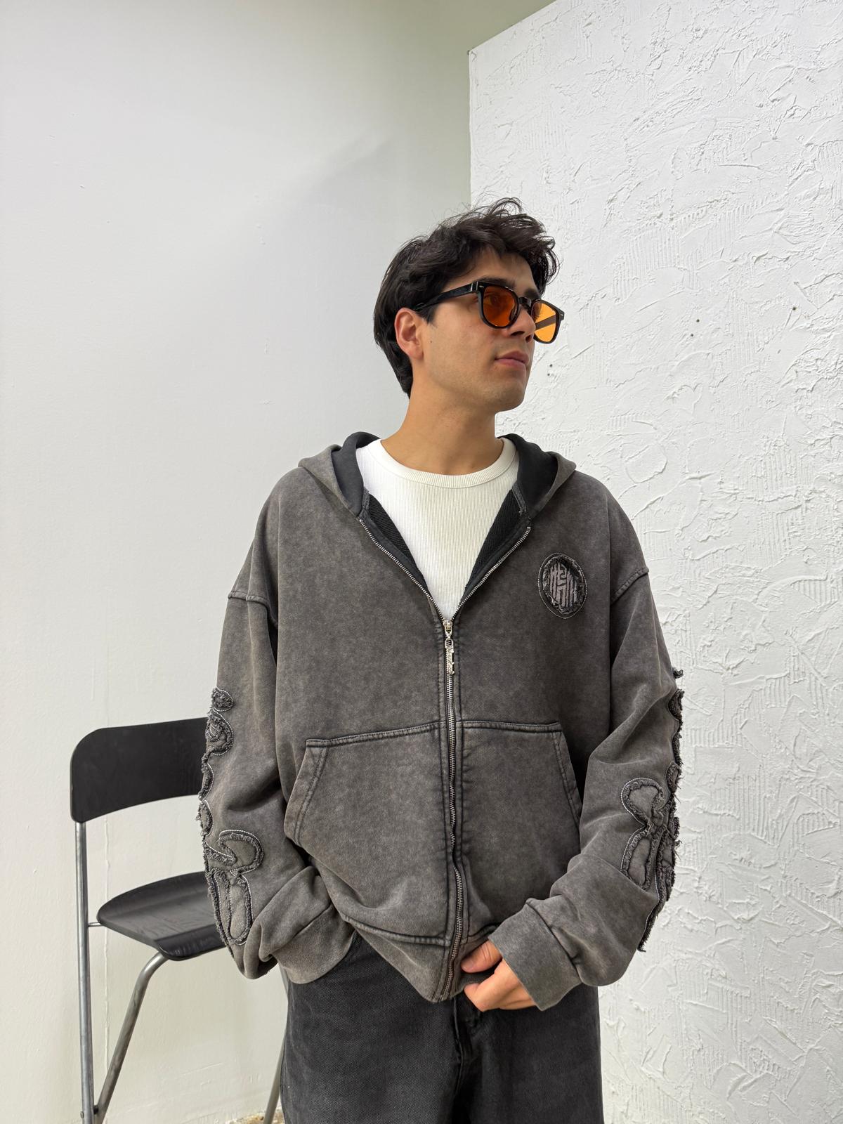 Kol Patch Detay Washed Black Diyagonel Zip Hoodie