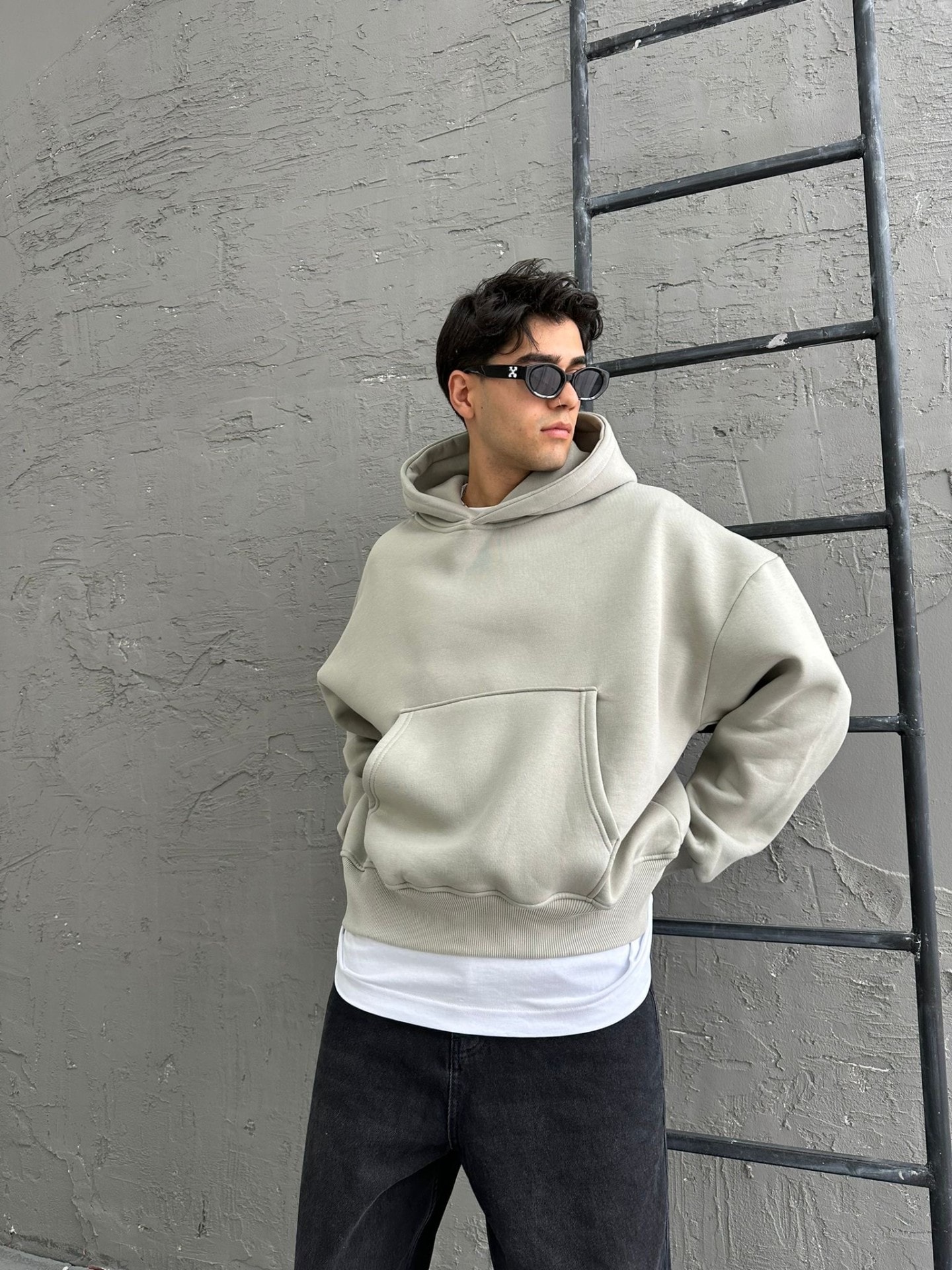 Boyama Gri Oversize Basic Hoodie