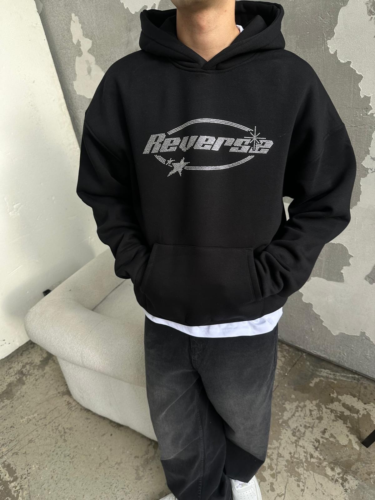 Reverse Taş İşlemeli Oversize Hoodie