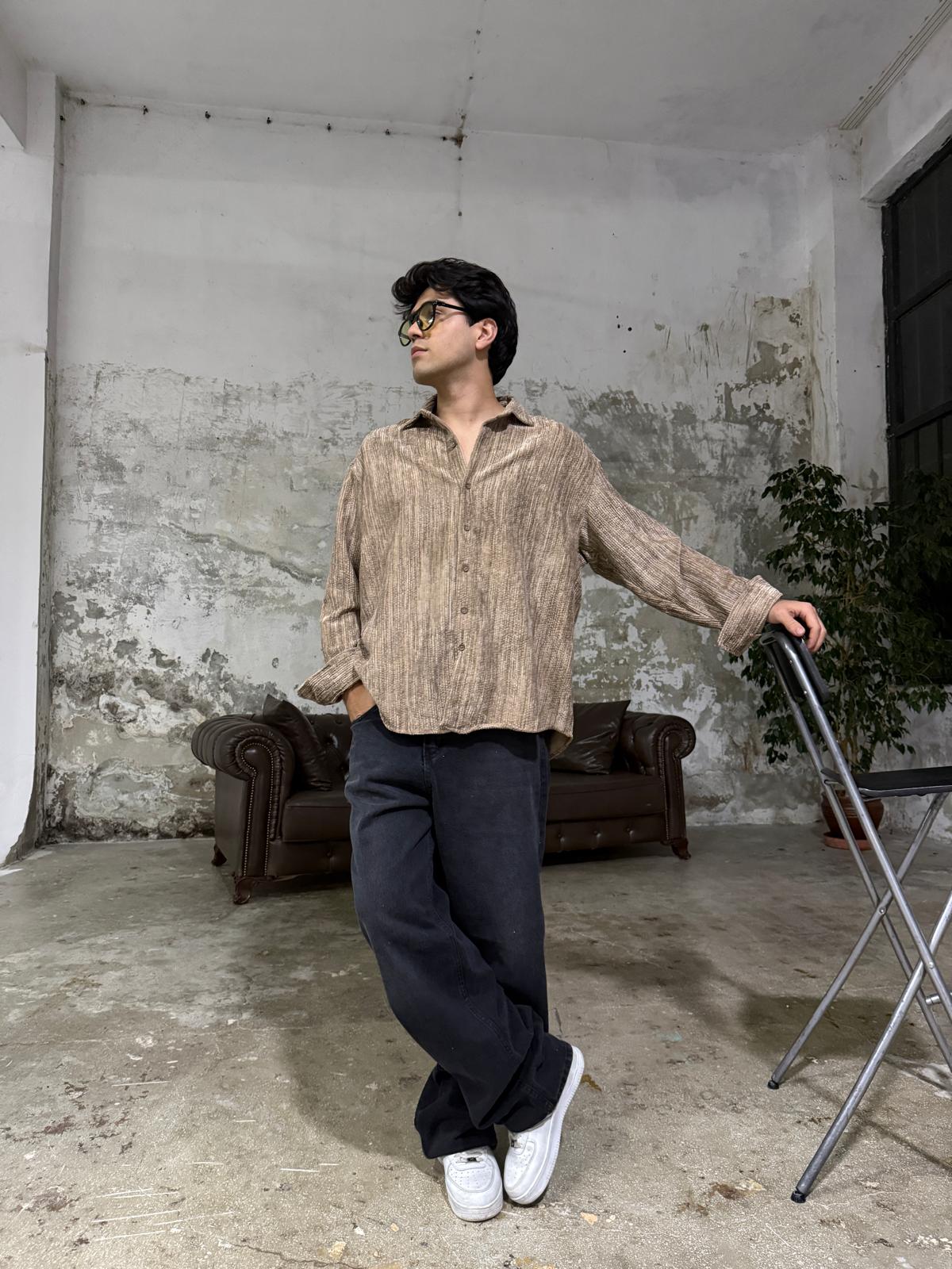 Yıkamalı Taba Kadife Basic Gömlek