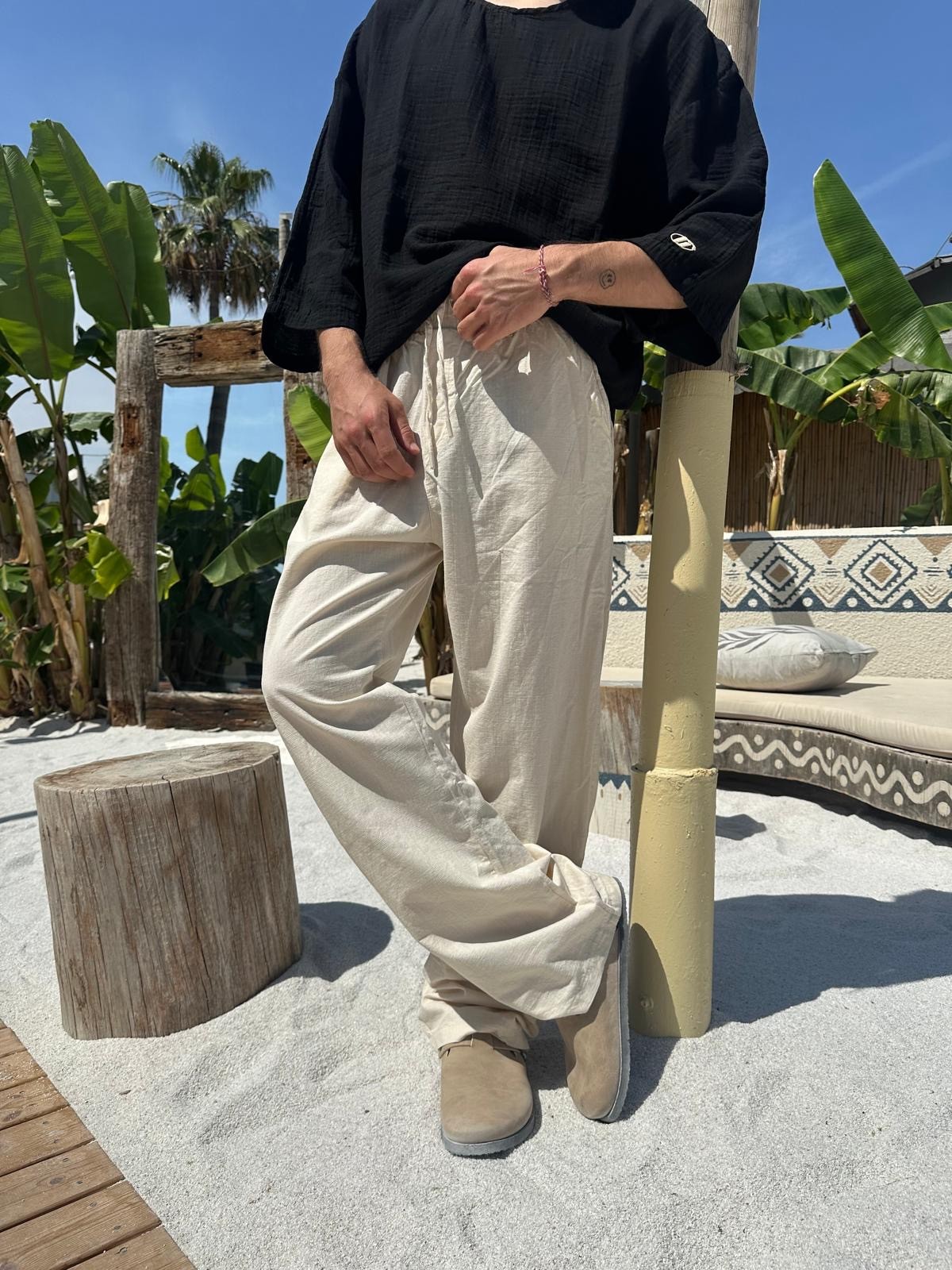 Bej Sand Vibes Keten Pantolon