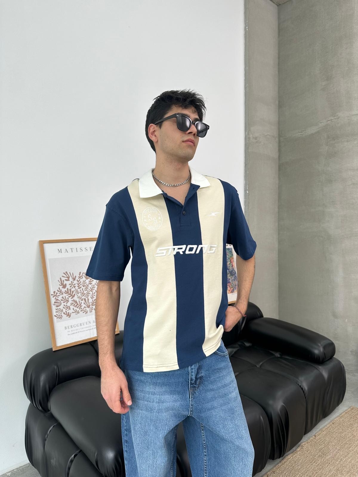 Strong Polo Yaka Nakışlı Lacivert Bej T-Shirt 
