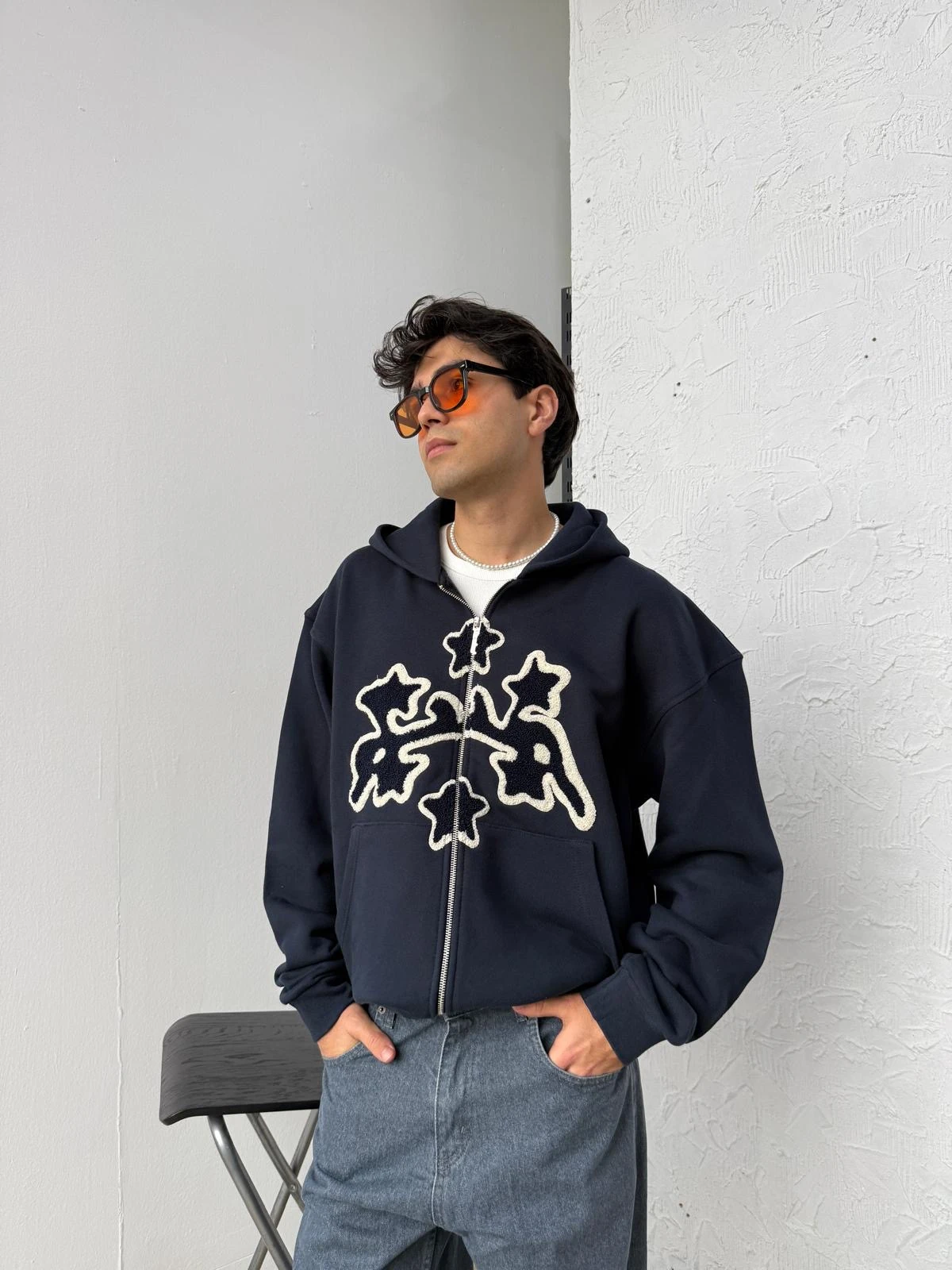 Arabic Detail Lacivert Diyagonel Zip