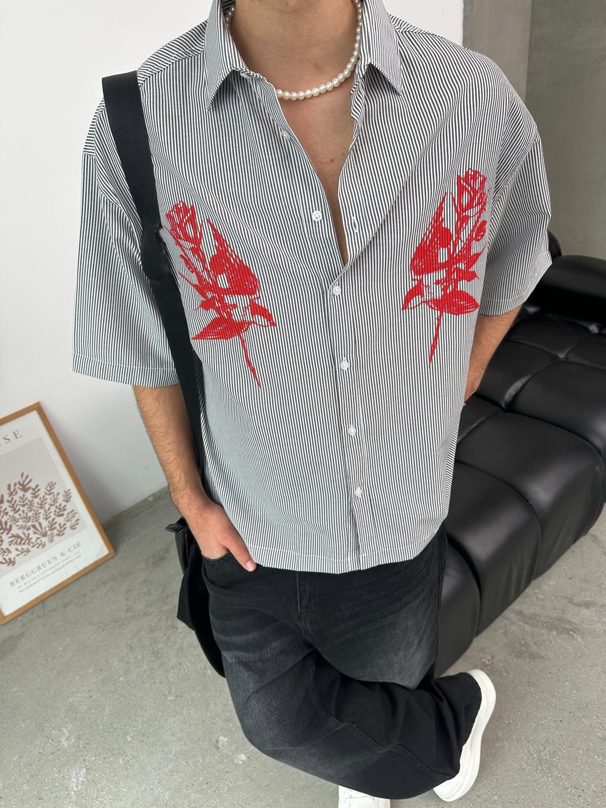 Rose Baskılı Gri Oversize Gömlek 