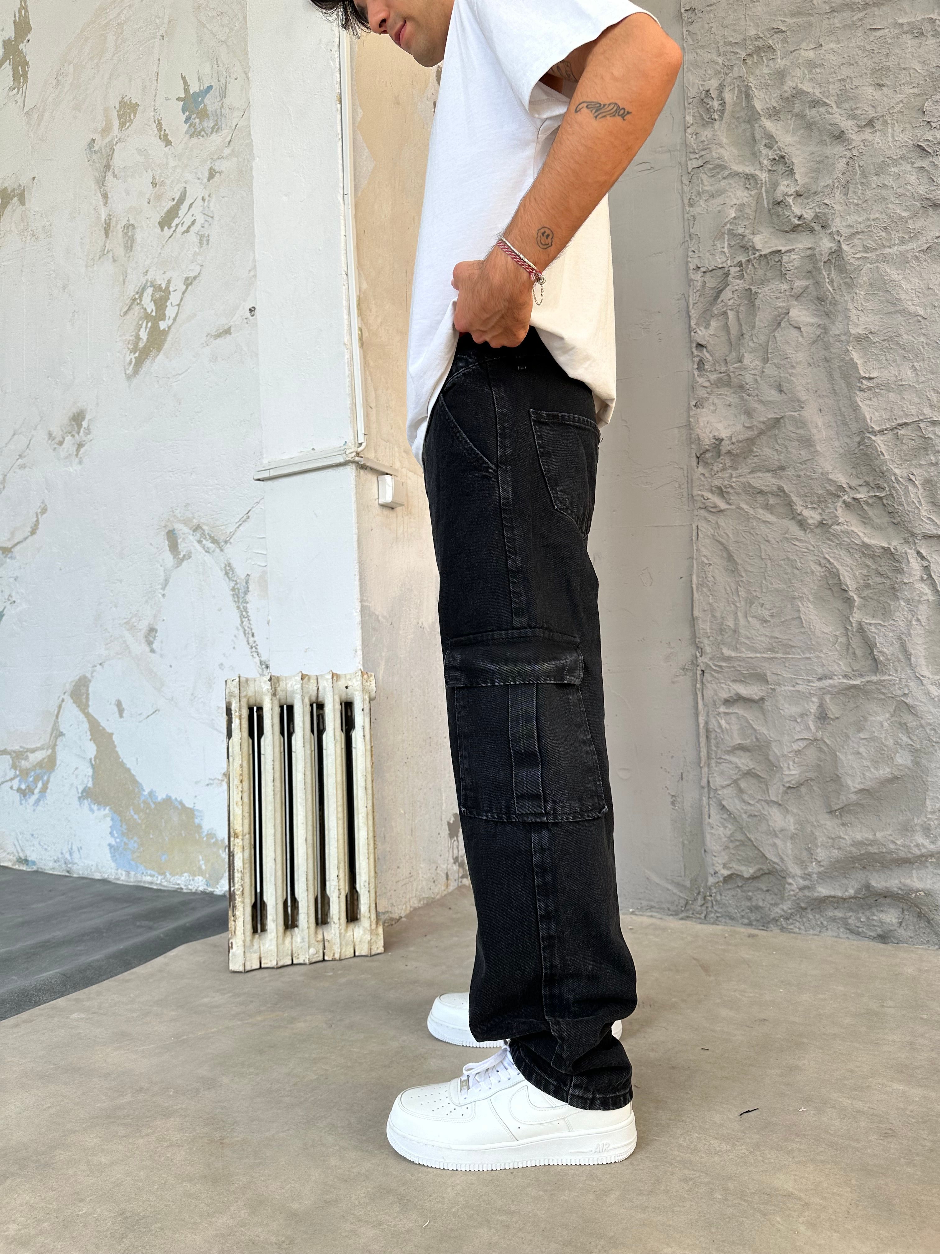 Black Basic Cargo Baggy Pantolon