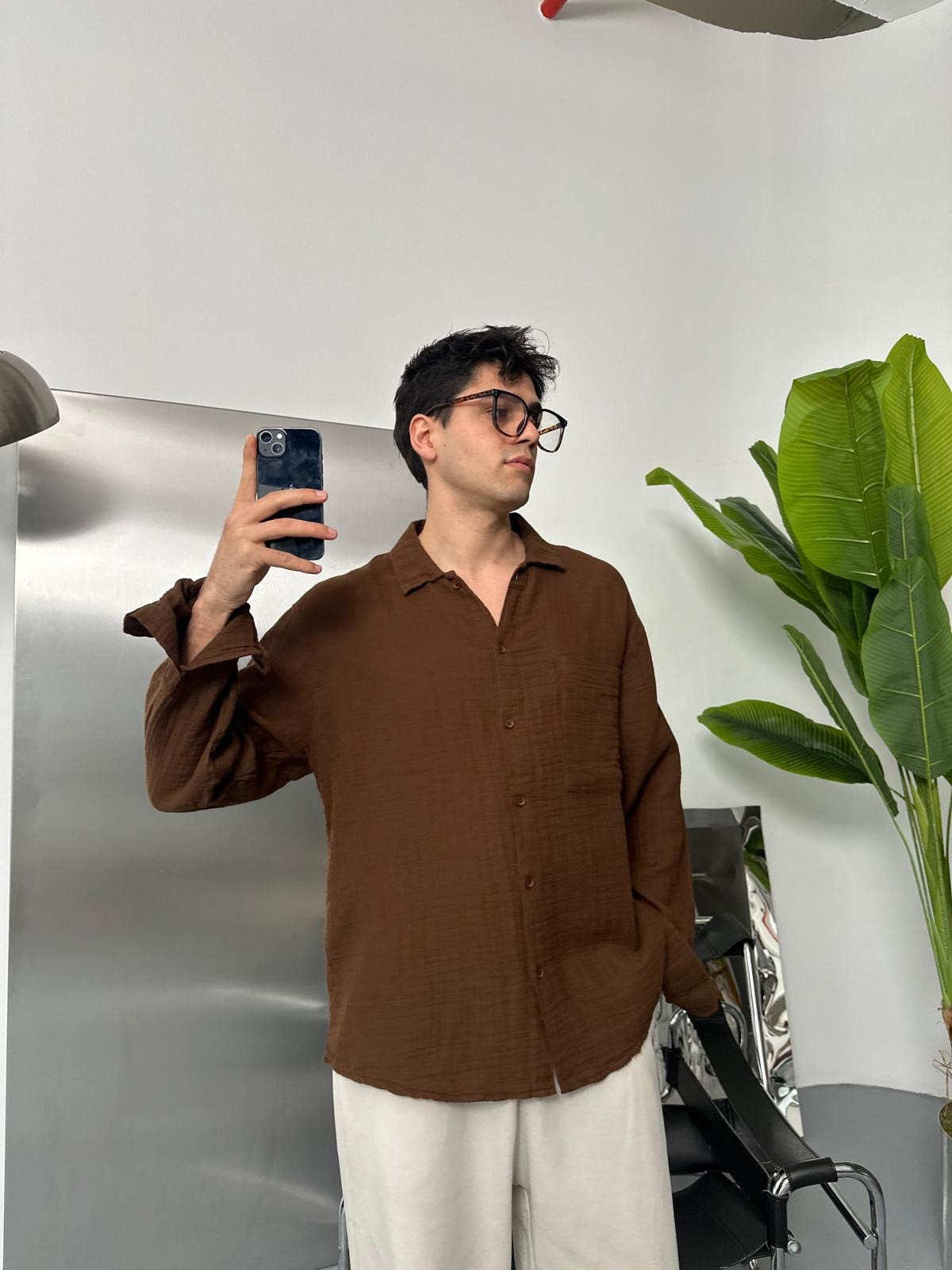 Cepli Müslim Oversize Kahve Gömlek