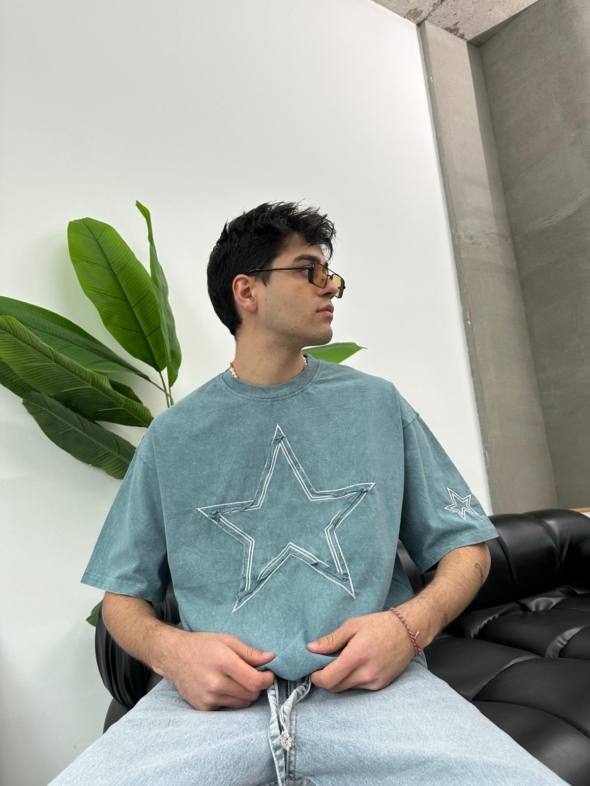 Star Detail Yeşil Oversize T-Shirt