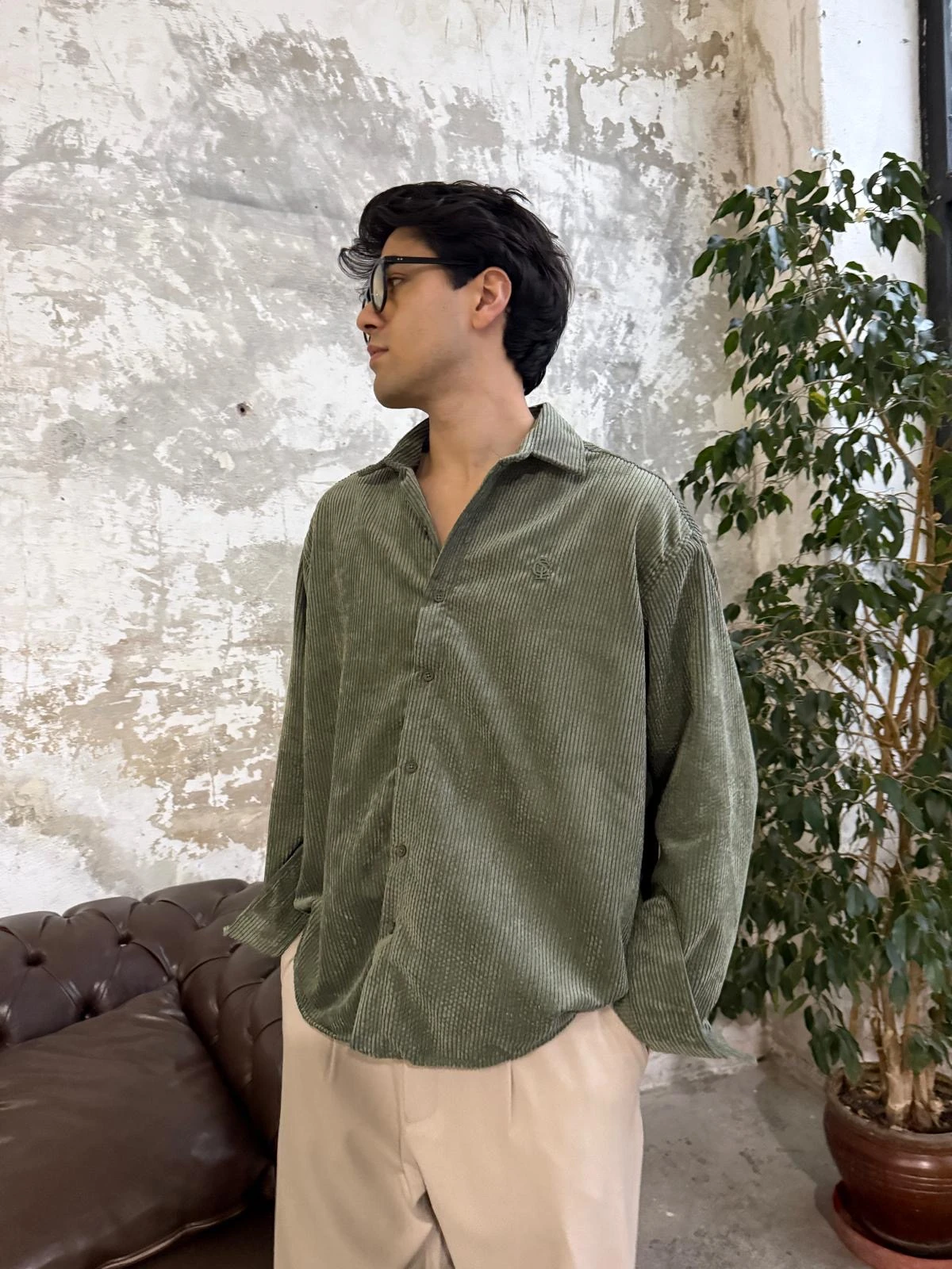 Kadife Haki Yeşili Oversize Gömlek