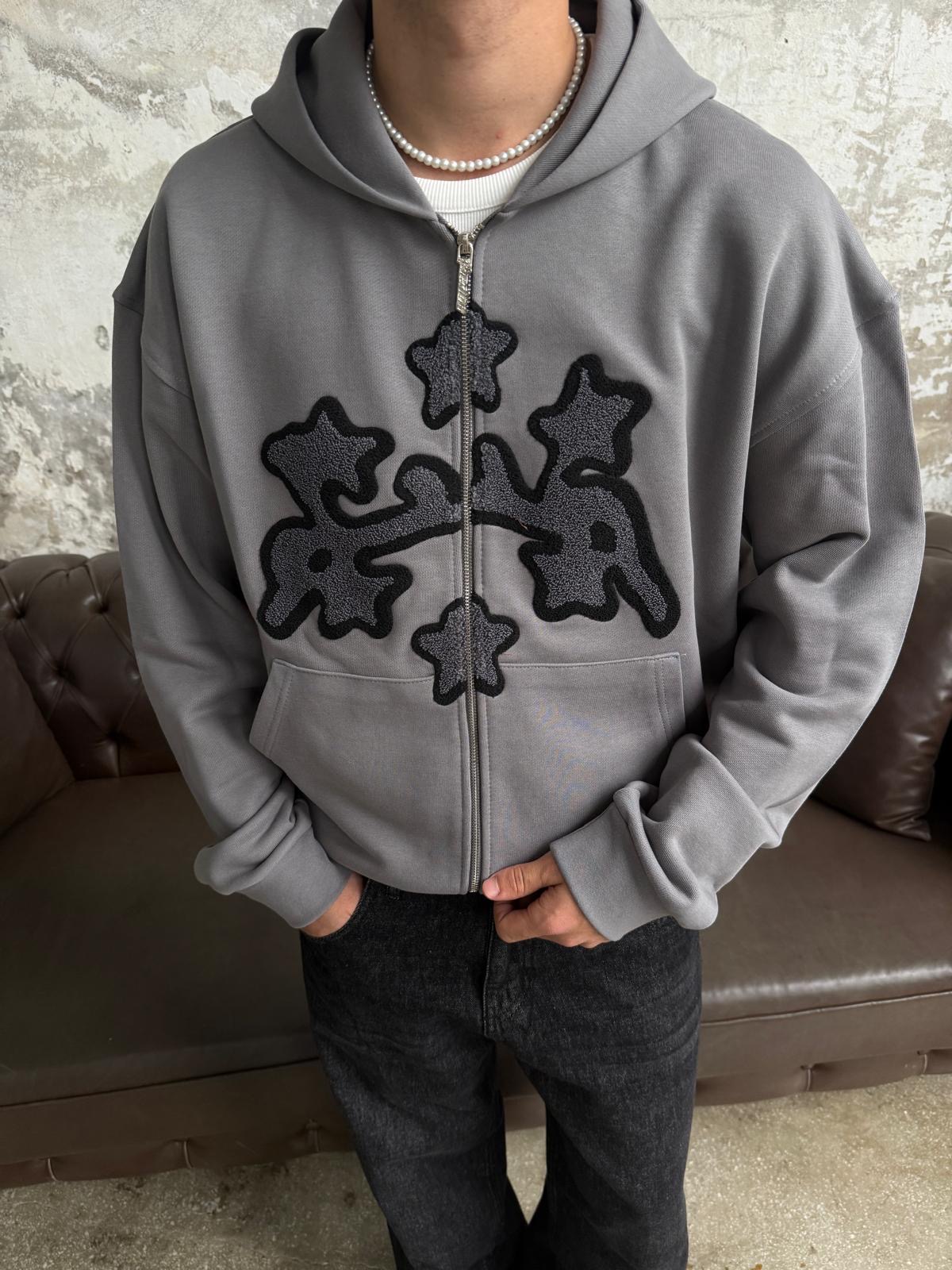 Arabic Detail Gri Diyagonel Zip