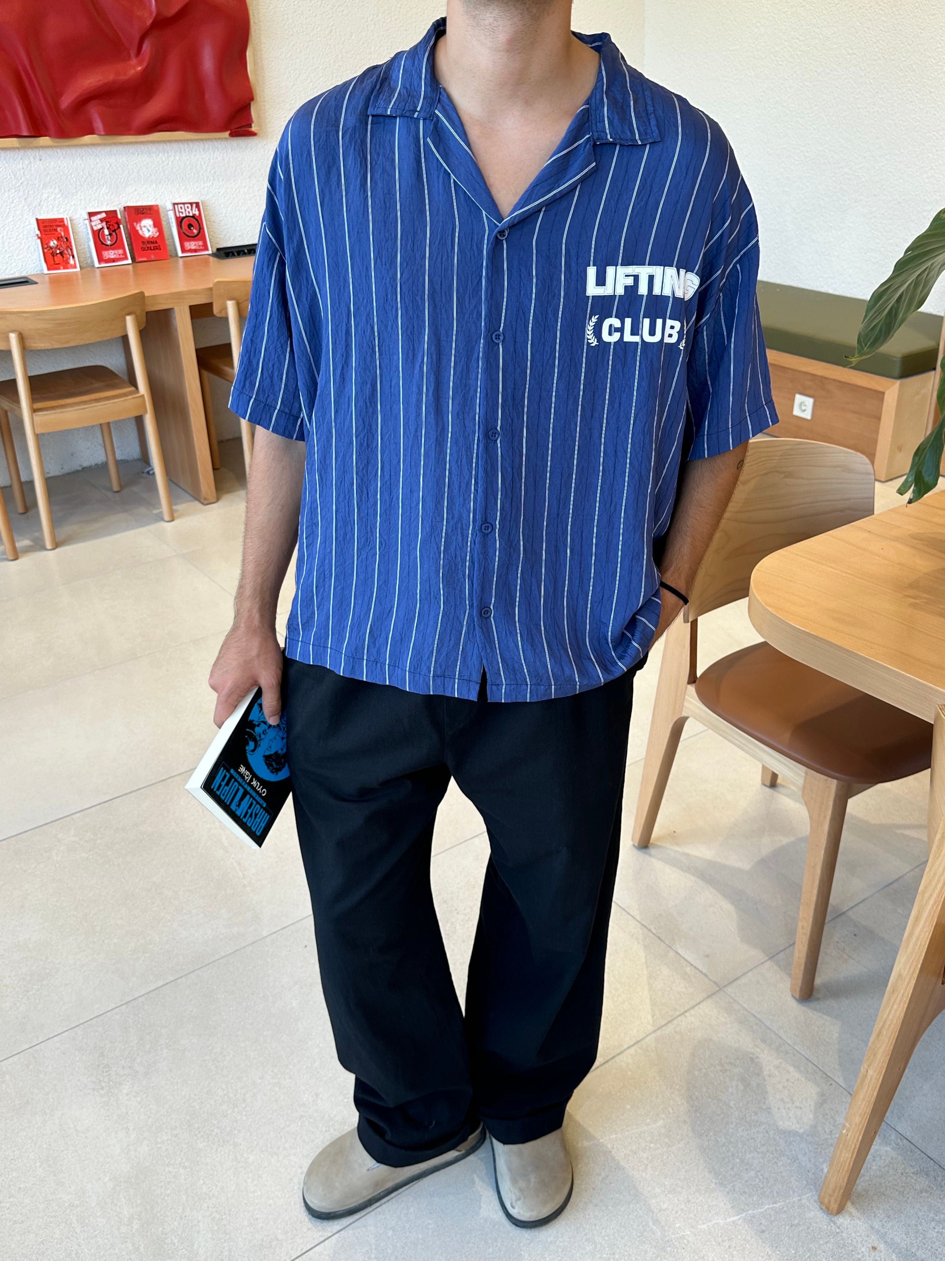 Lıftıng Club Çizgili Mavi Oversize Gömlek