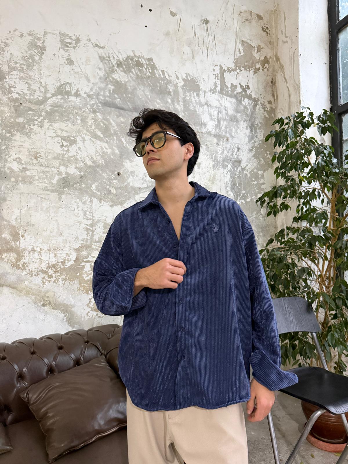 Kadife Lacivert Oversize Gömlek