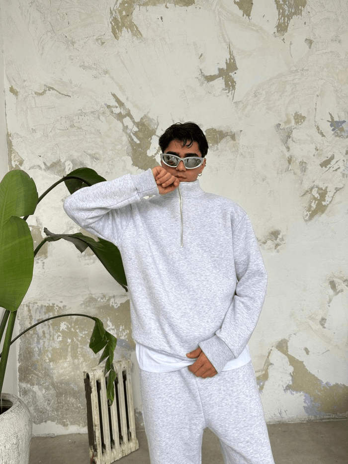 Gri Melanj Oversize Halfi-zip