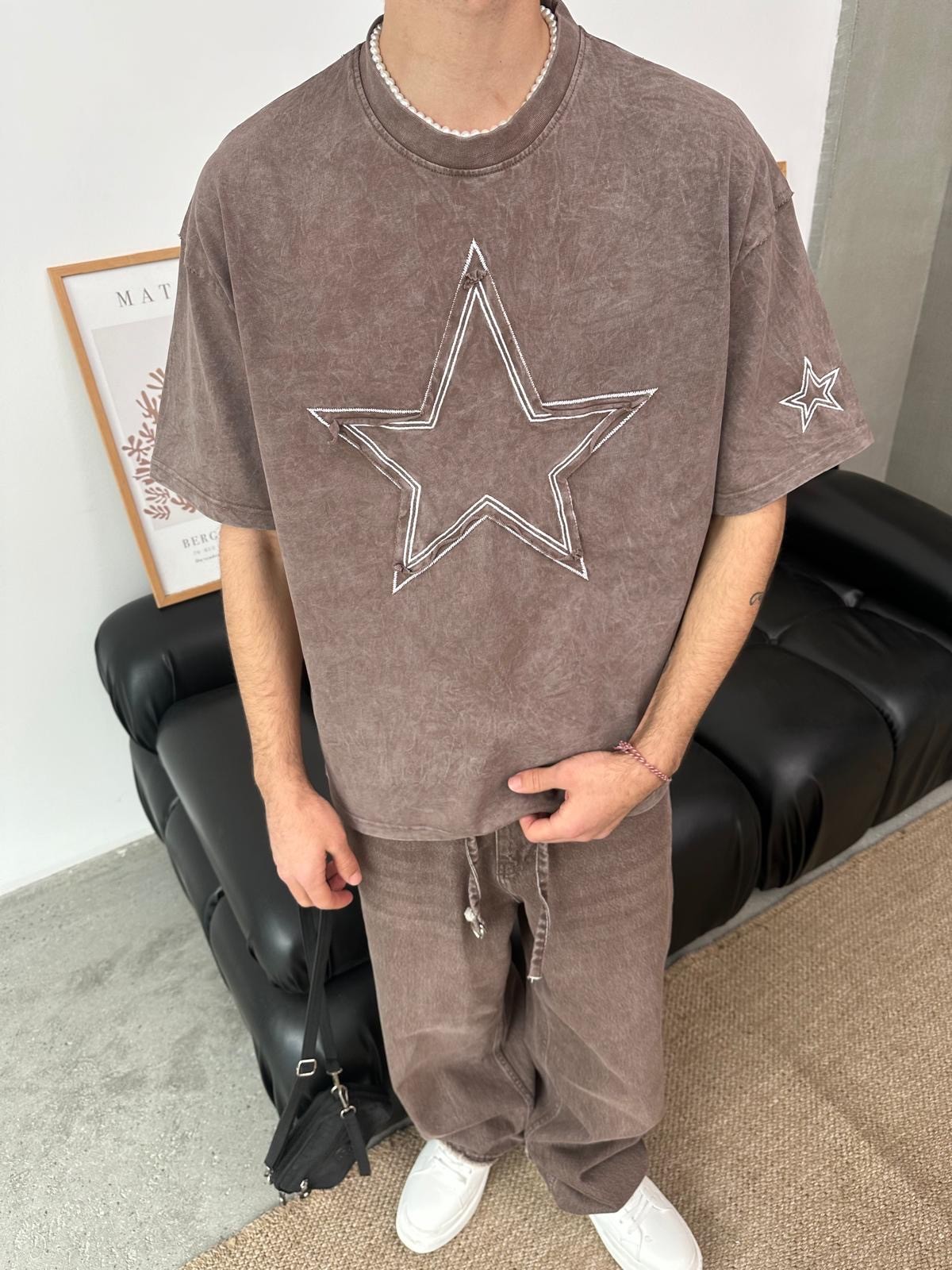 Star Detail Kahve Oversize T-Shirt