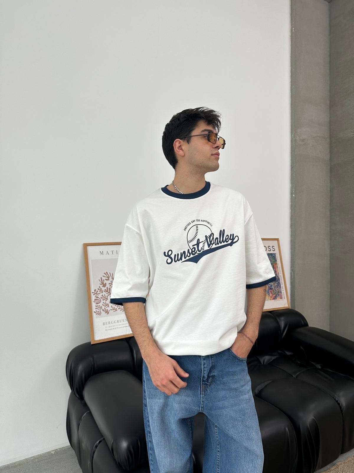 Sunset Valley Baskılı Kol Detay Oversize İndigo T-Shirt 
