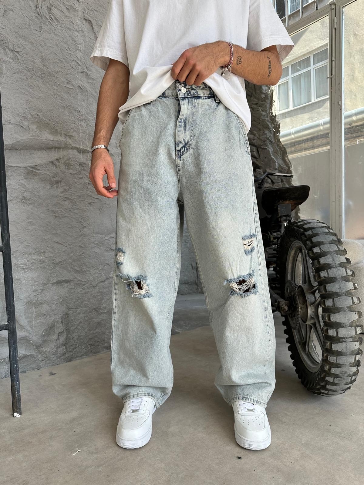 Yırtık Detay Mavi Baggy Jean