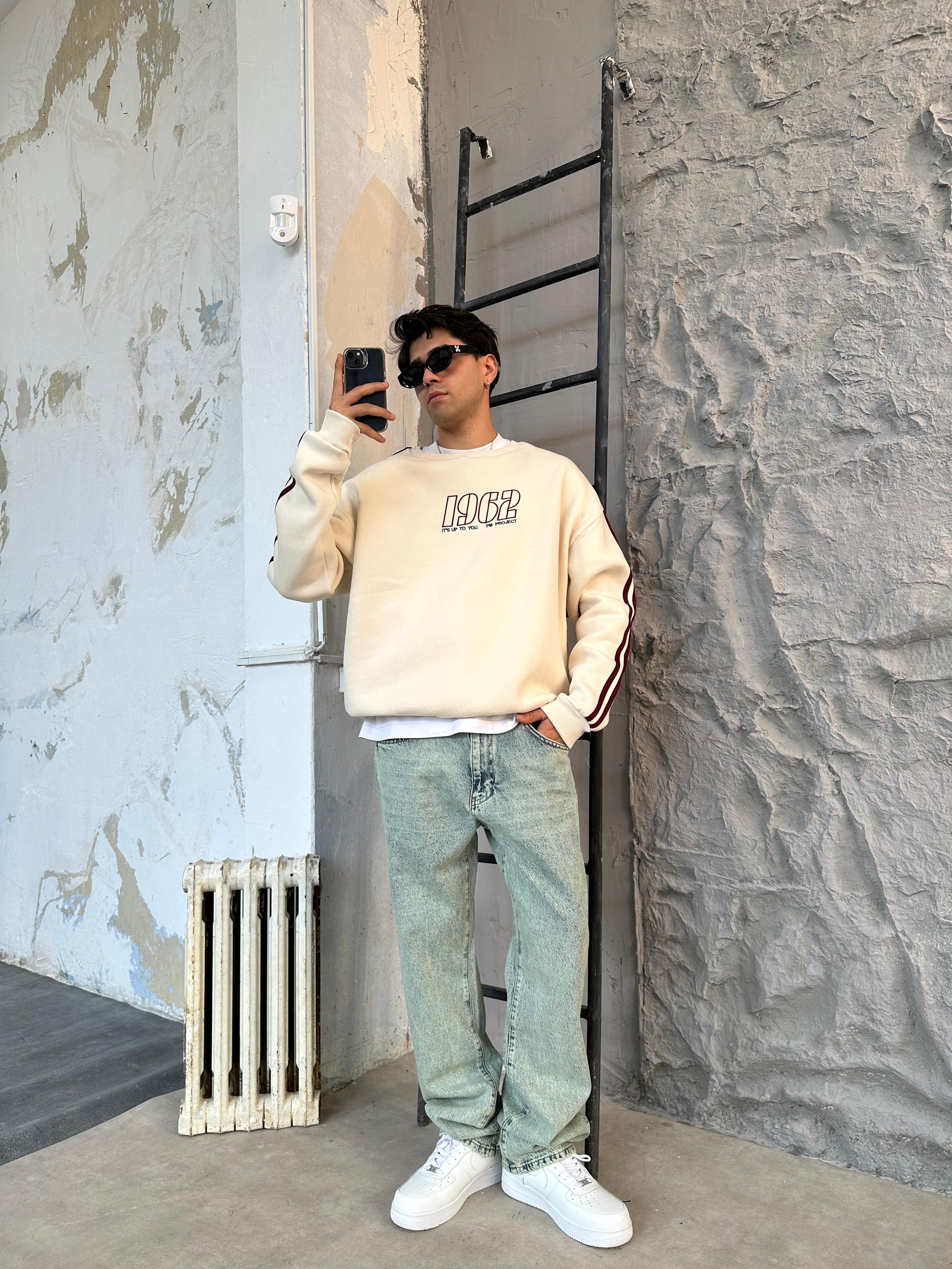 1962 Çizgili Bej Oversize Sweatshirt