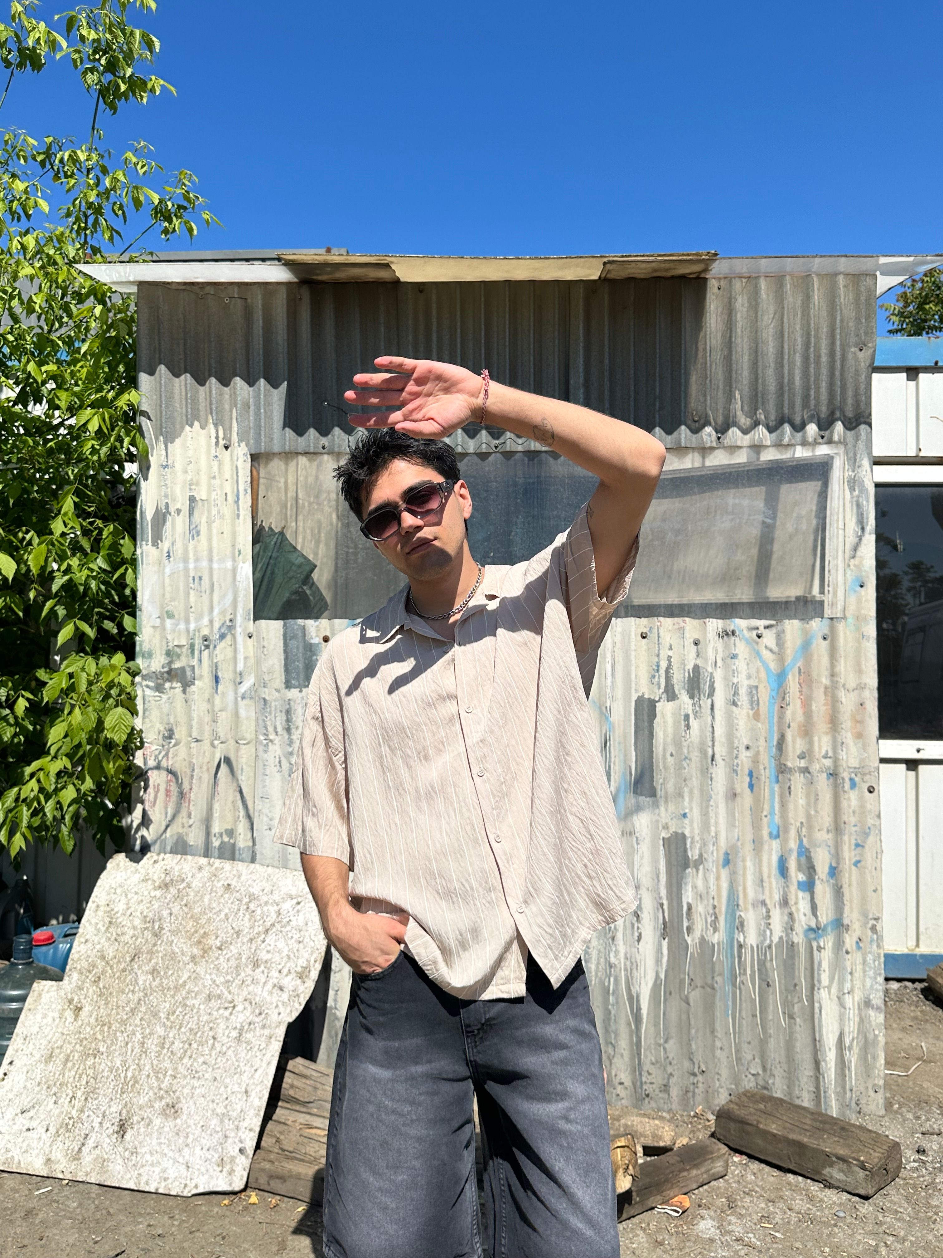 Sand Beyaz Çizgili Bej Oversize Gömlek