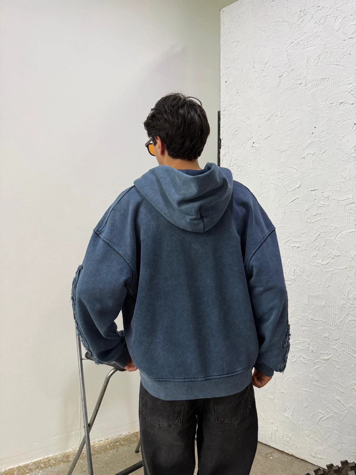 Kol Patch Detay Washed Blue Diyagonel Zip Hoodie