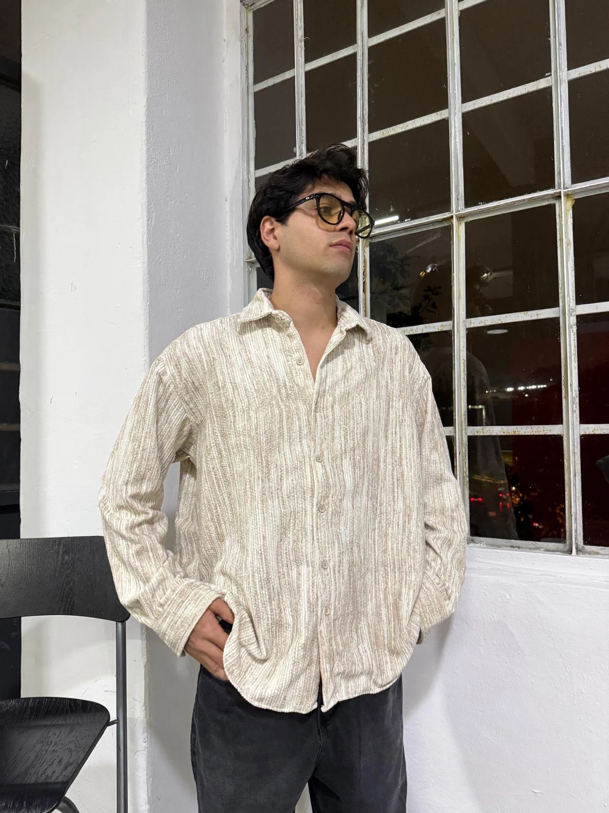 Yıkamalı Bej Kadife Basic Gömlek