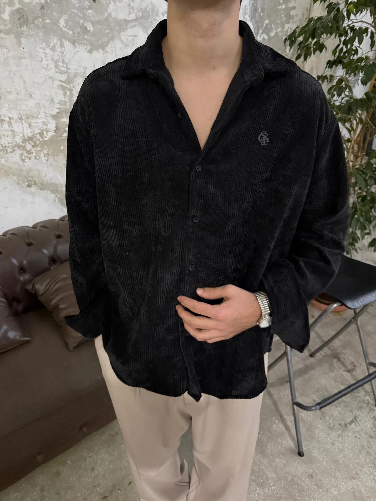 Kadife Siyah Oversize Gömlek