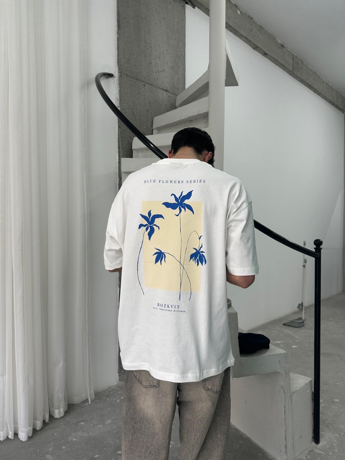 Blue Flowers Print White T-Shirt
