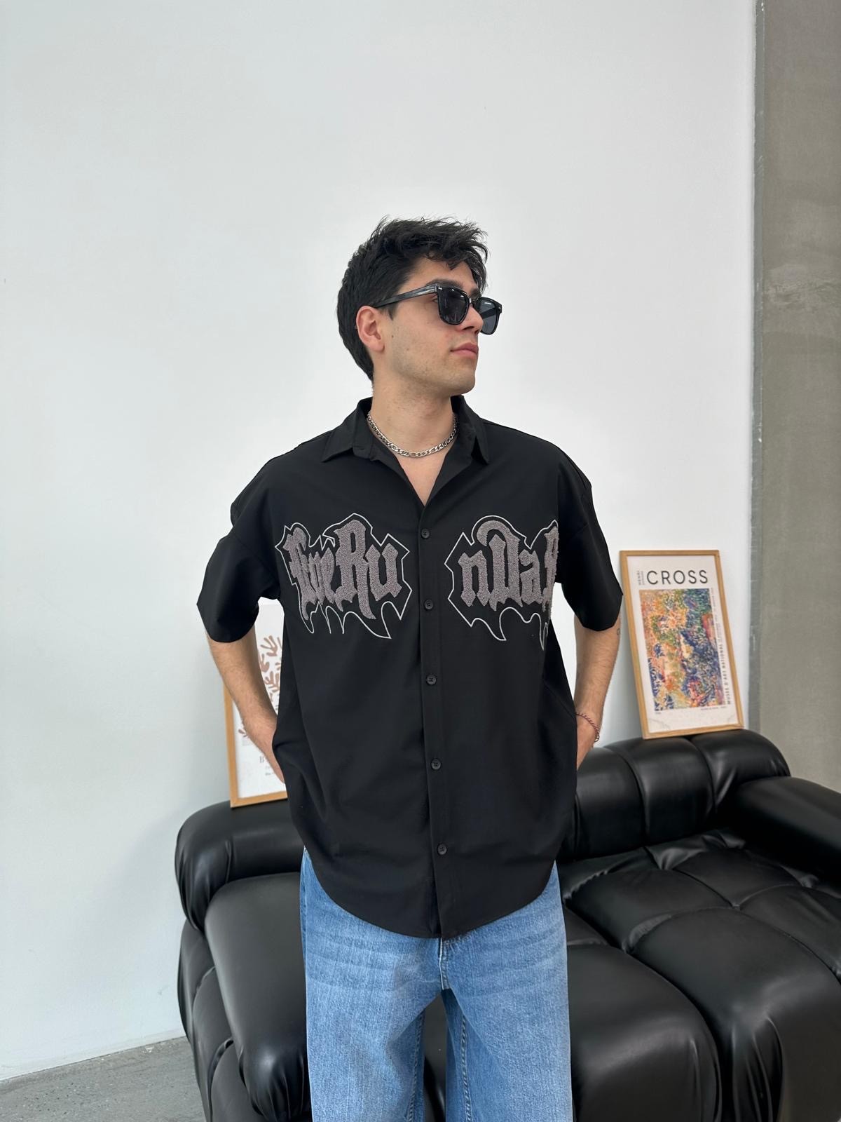 Fire Nakış Siyah Oversize Gömlek