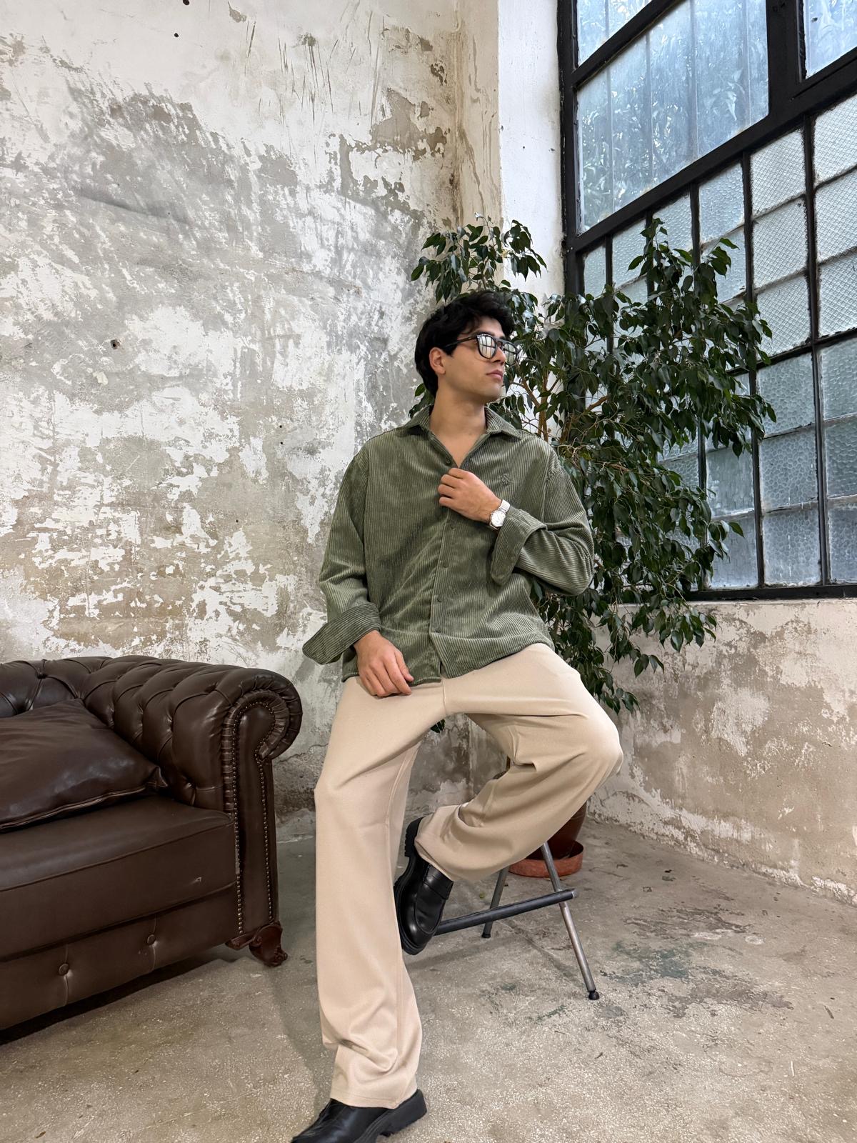 Kadife Haki Yeşili Oversize Gömlek