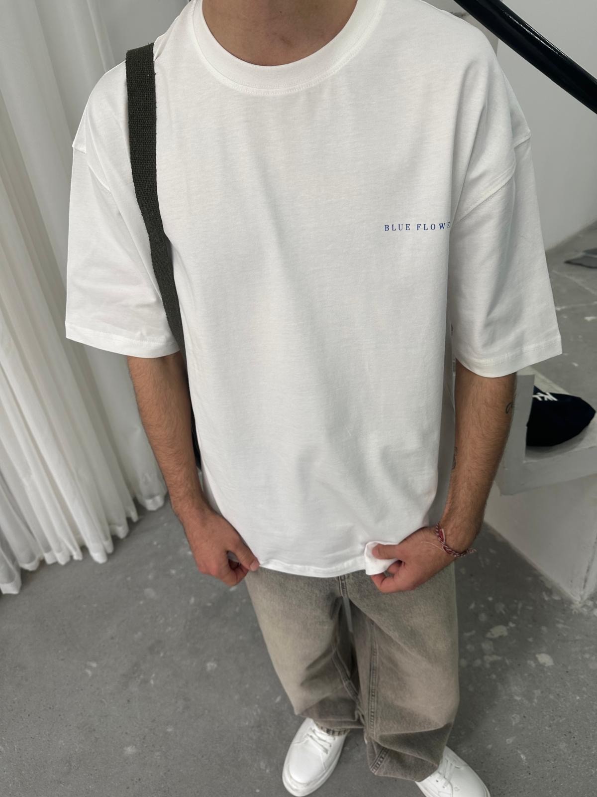 Blue Flowers Print White T-Shirt