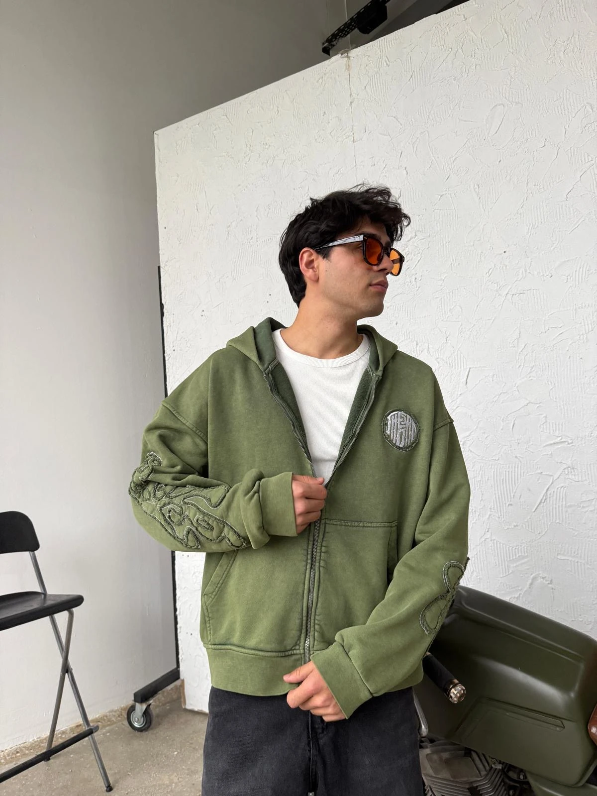 Kol Patch Detay Washed Green Diyagonel Zip Hoodie