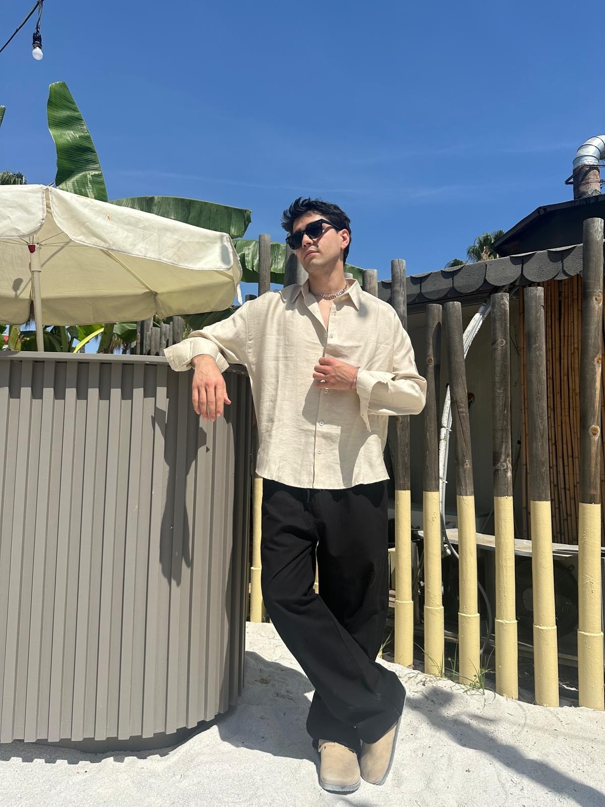 Bej Rengi Sand Vibes Keten Gömlek