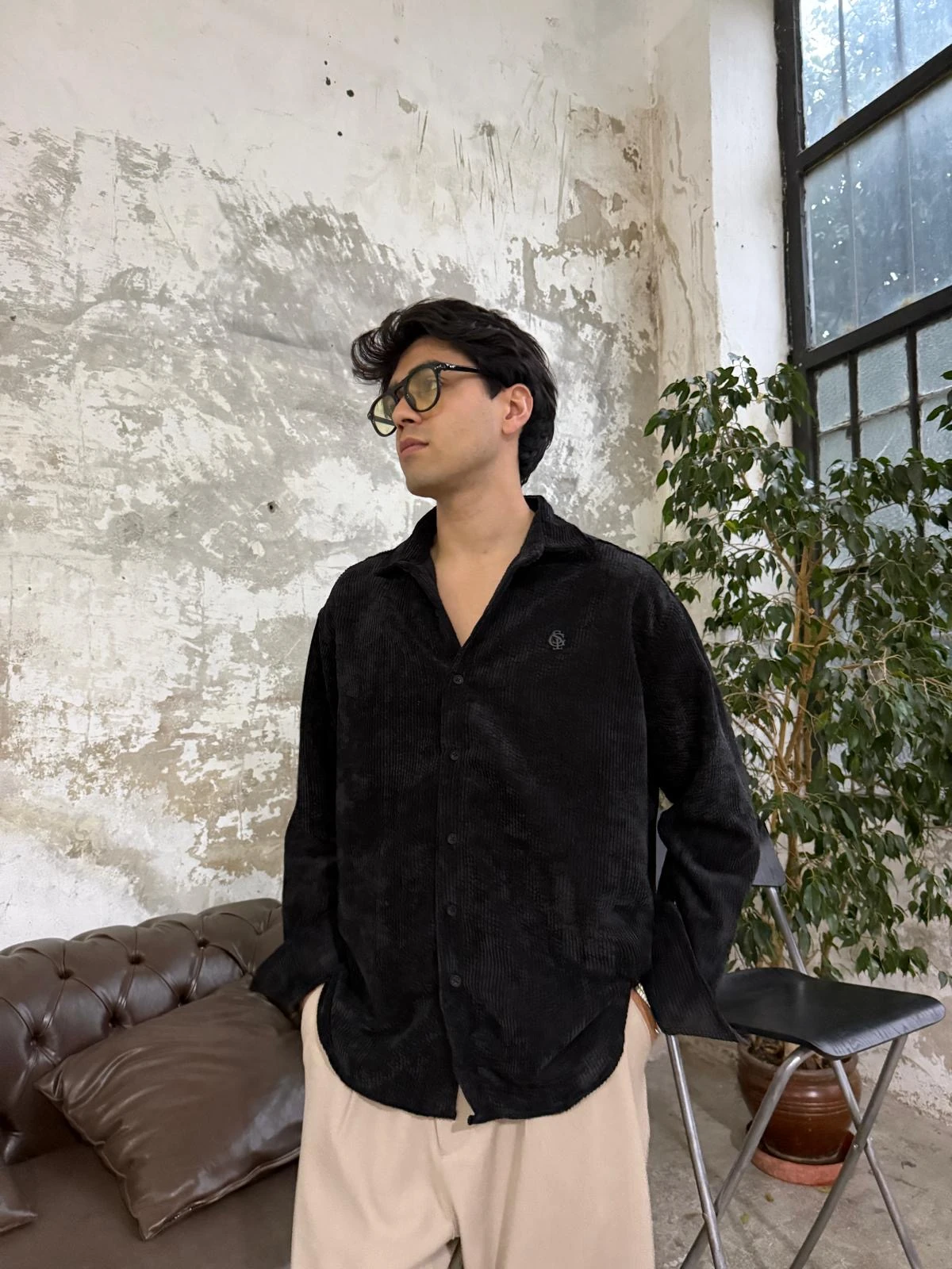 Kadife Siyah Oversize Gömlek