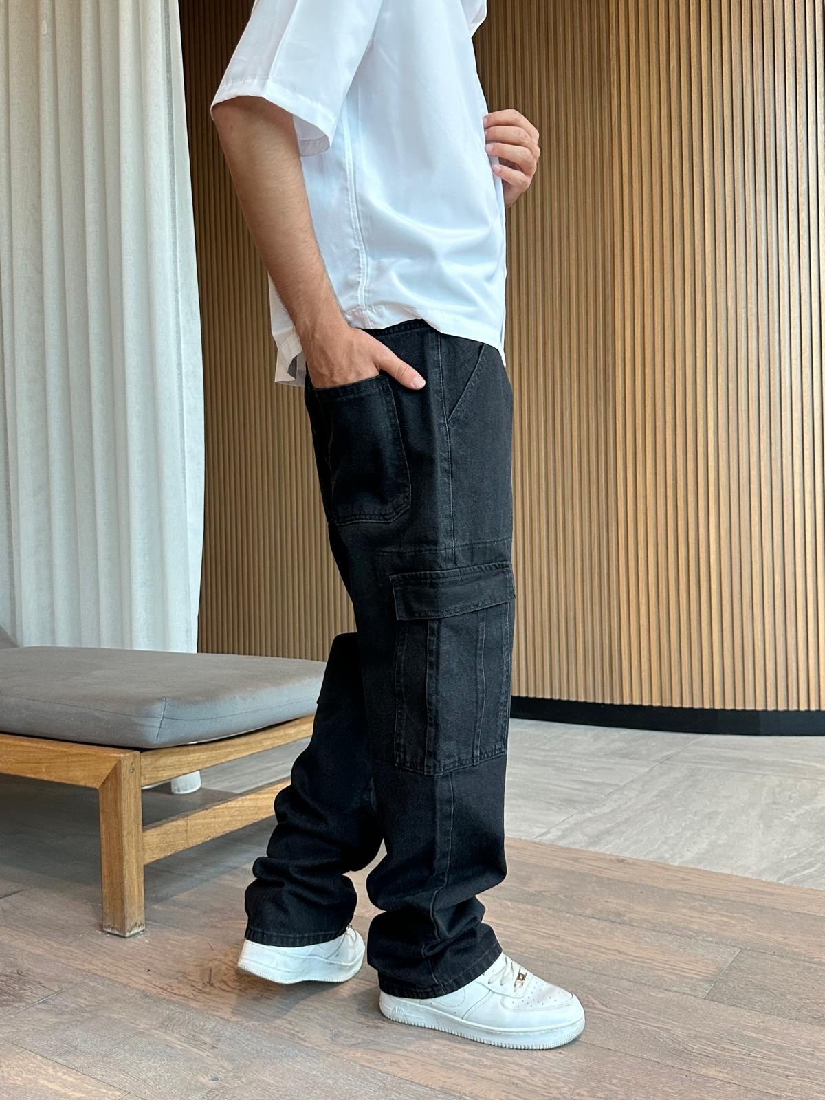Kargo Cepli Siyah Baggy Pantolon