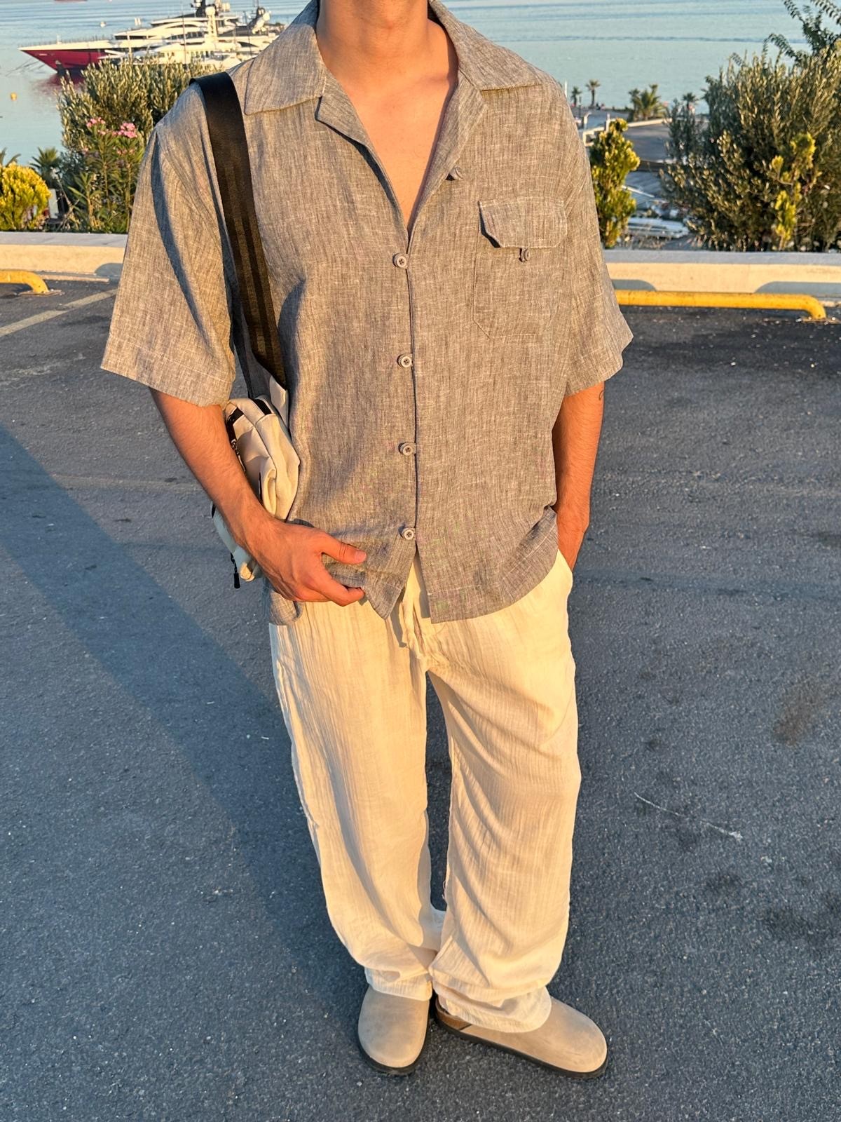 Kısa Kollu Cep Detay Gri Gömlek
