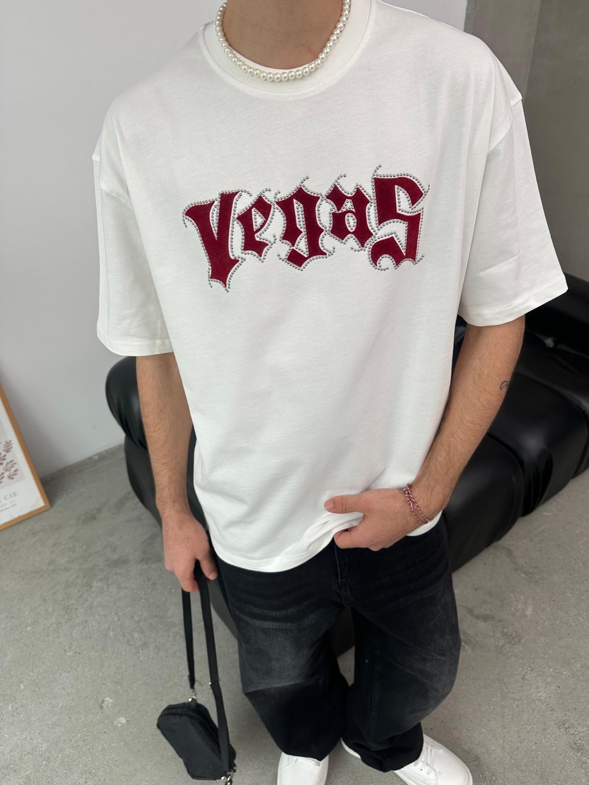 Vegas Taş Detaylı Beyaz T-Shirt 