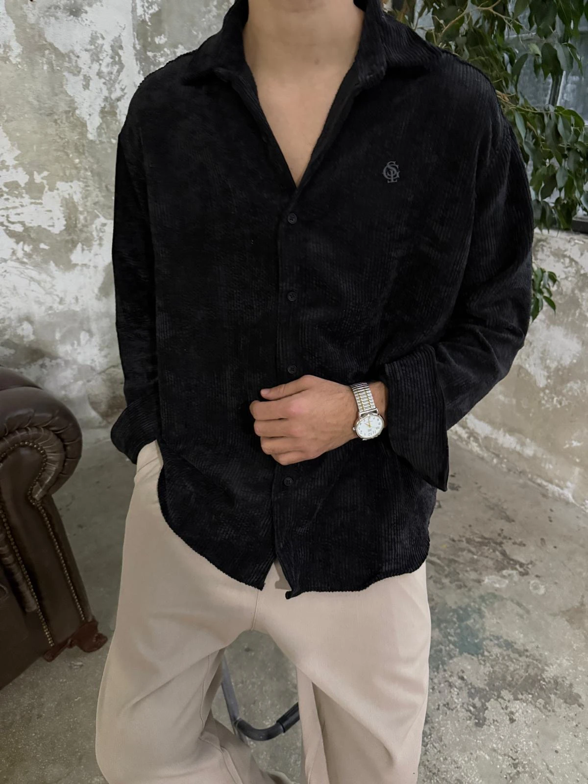 Kadife Siyah Oversize Gömlek