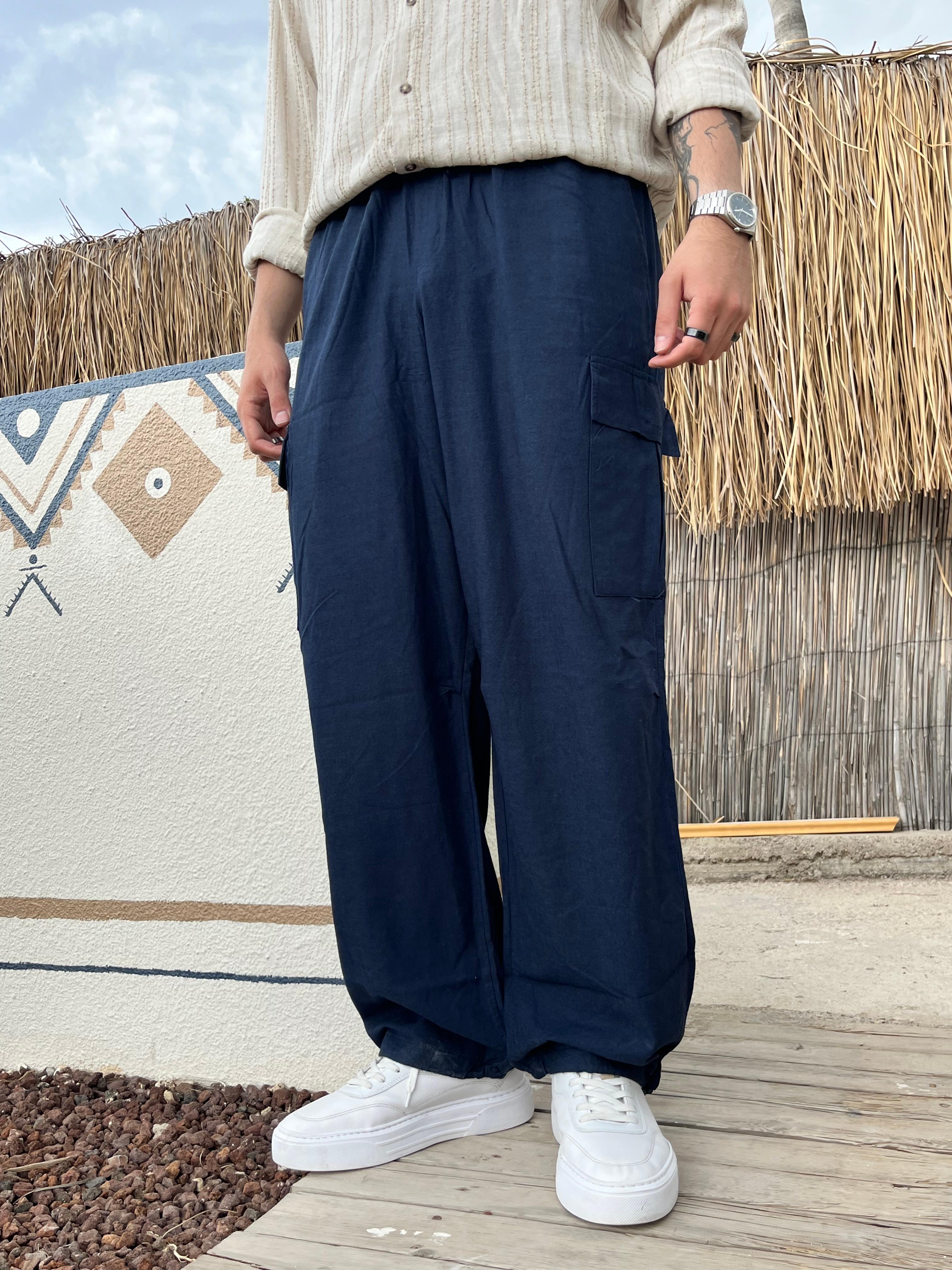 Linen Collection Cargo Cepli Lacivert Keten Pantalon