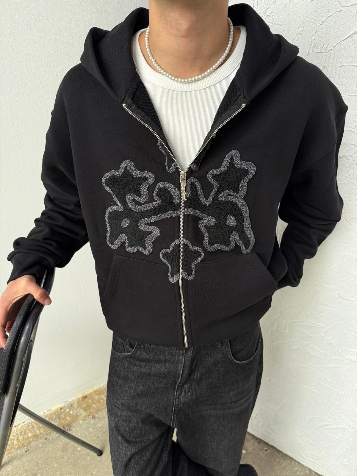 Arabic Detail Siyah Diyagonel Zip