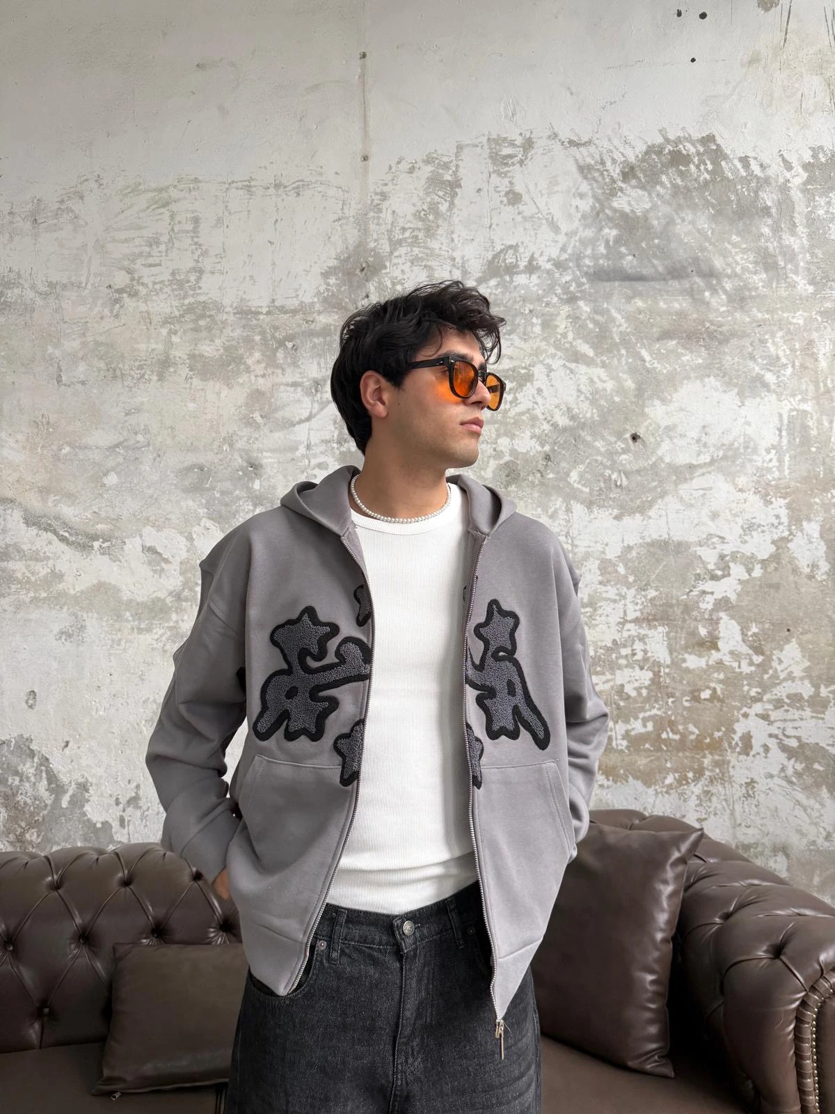 Arabic Detail Gri Diyagonel Zip