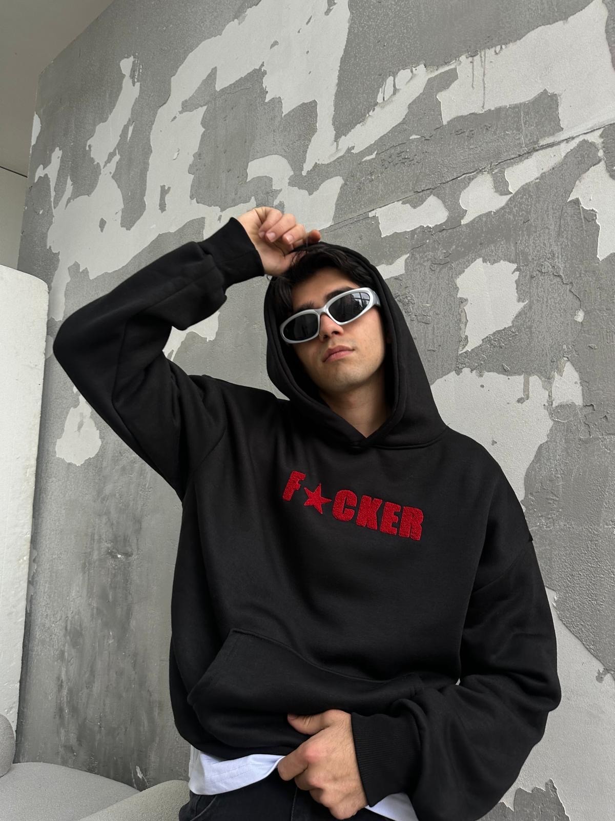 Fucker Nakışlı Black Hoodie