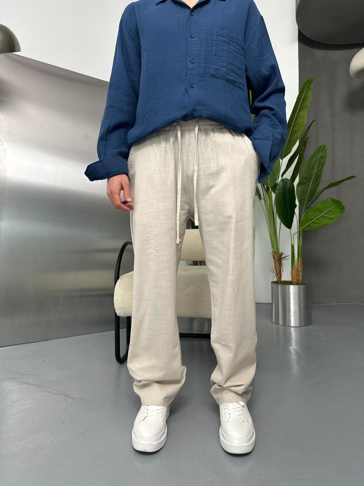 Znc Beyaz Keten Baggy Pantolon