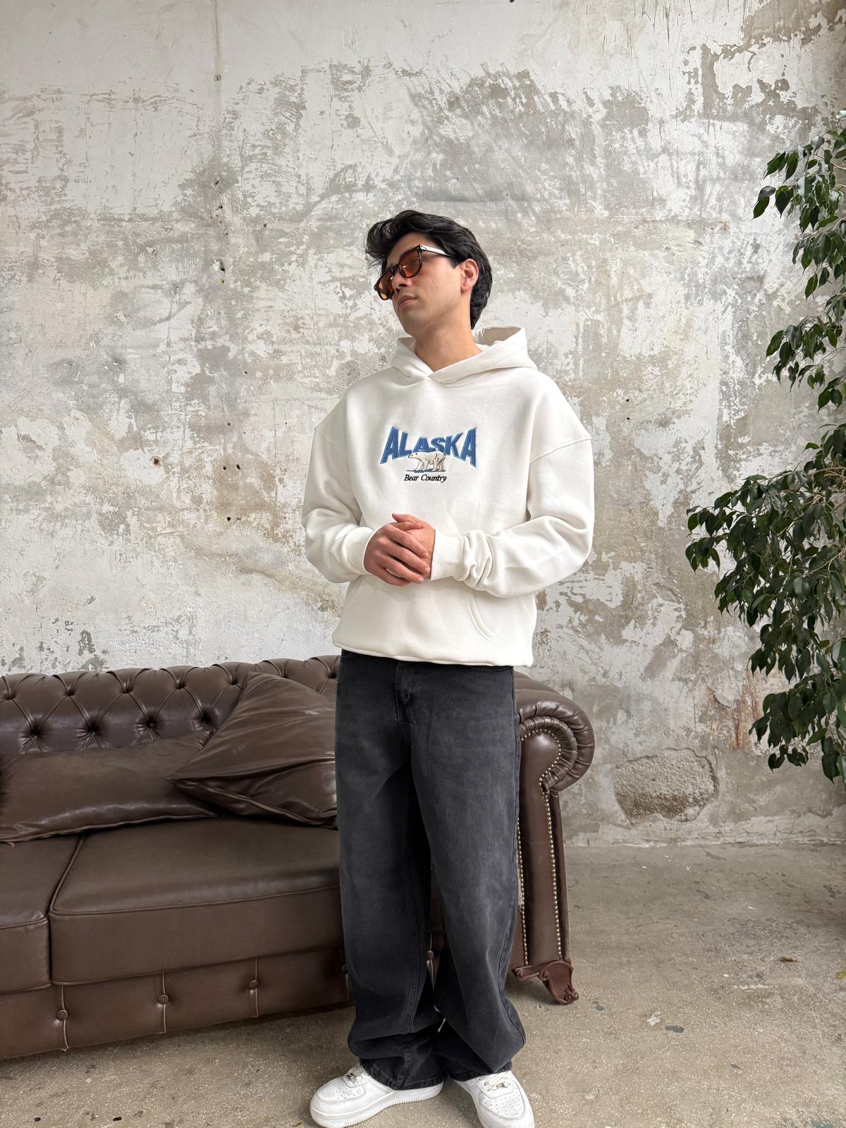 Alaska Nakışlı Beyaz Oversize Hoodie