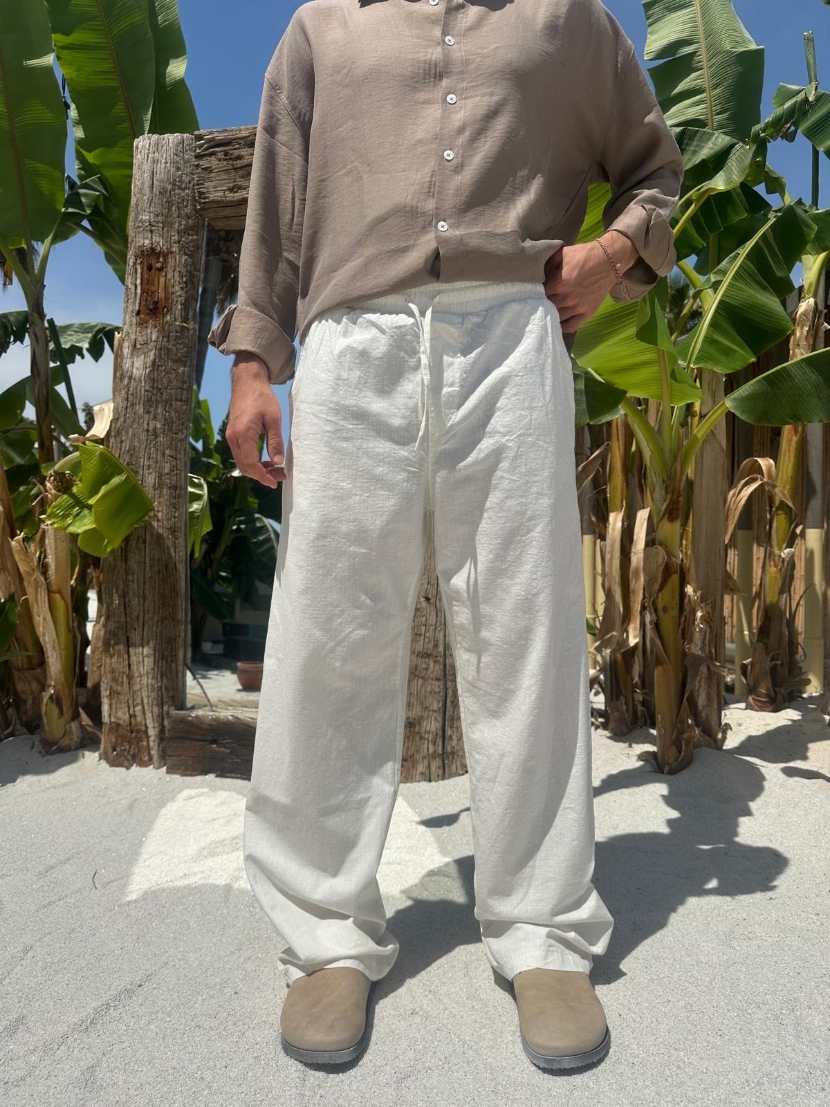 Beyaz Sand Vibes Keten Pantolon