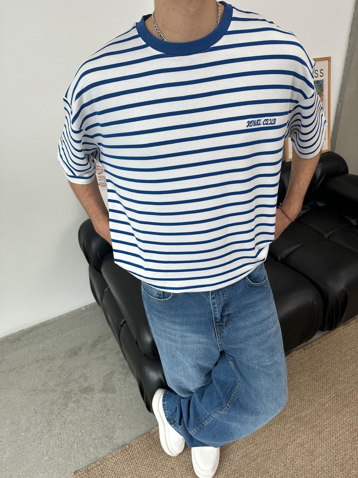 Royal Club Mavi Çizgili Oversize T-Shirt