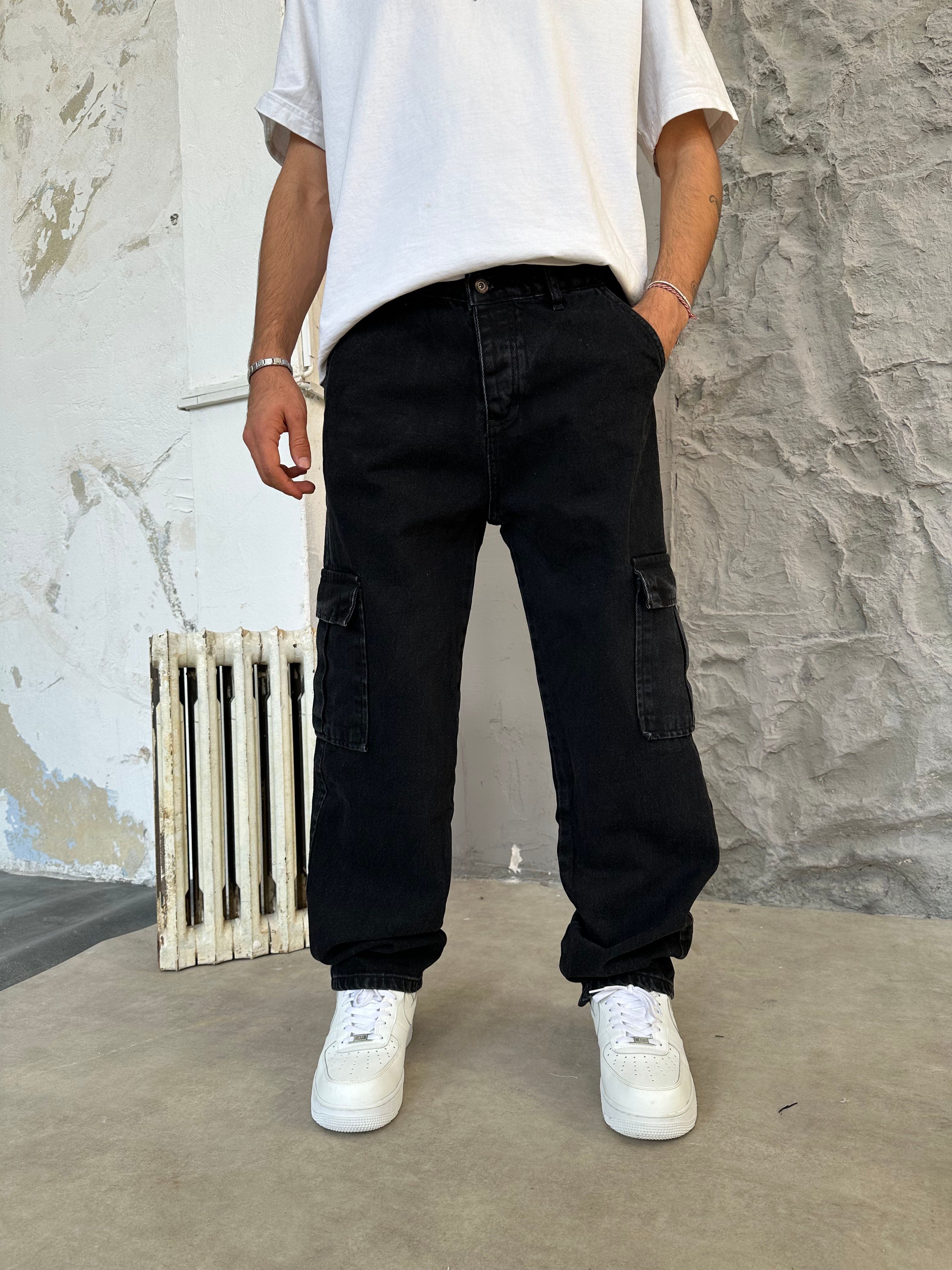 Black Basic Cargo Baggy Pantolon