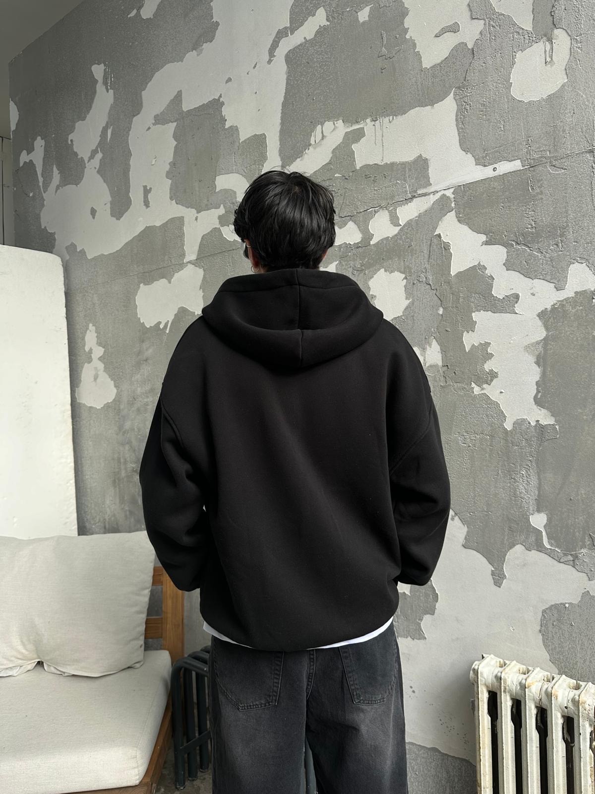 Strong Nakışlı Siyah Oversize Zip-Hoodie