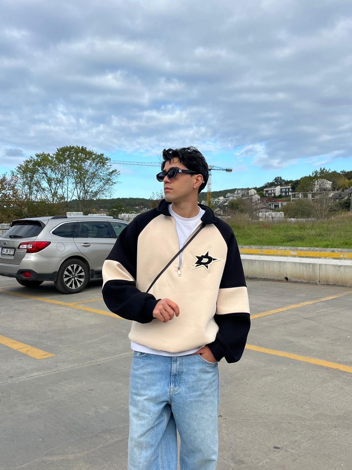 D Star Nakışlı Half Zip Bej Sweatshirt