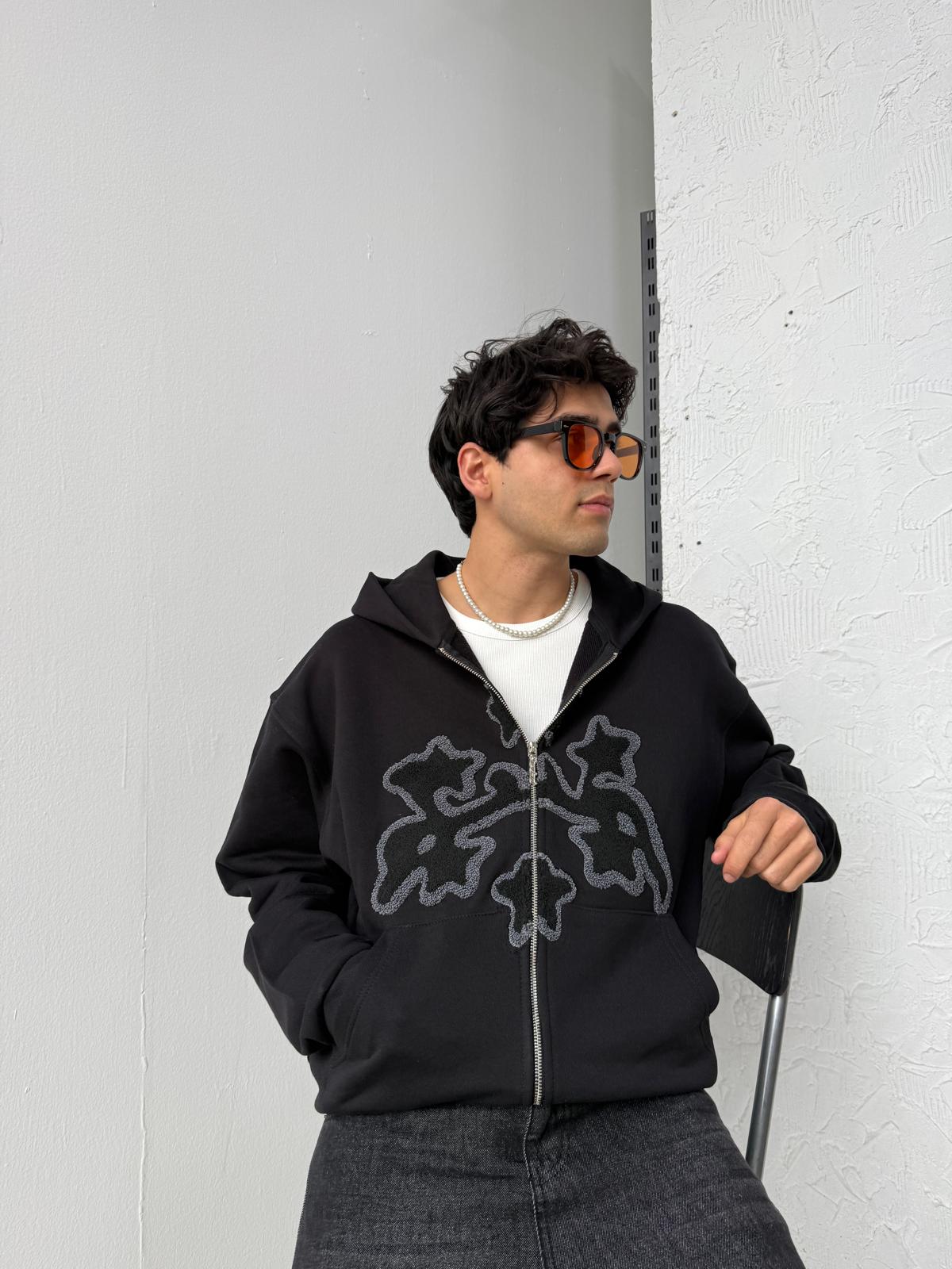 Arabic Detail Siyah Diyagonel Zip