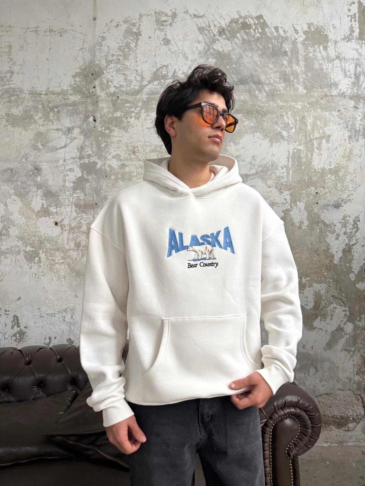 Alaska Nakışlı Beyaz Oversize Hoodie