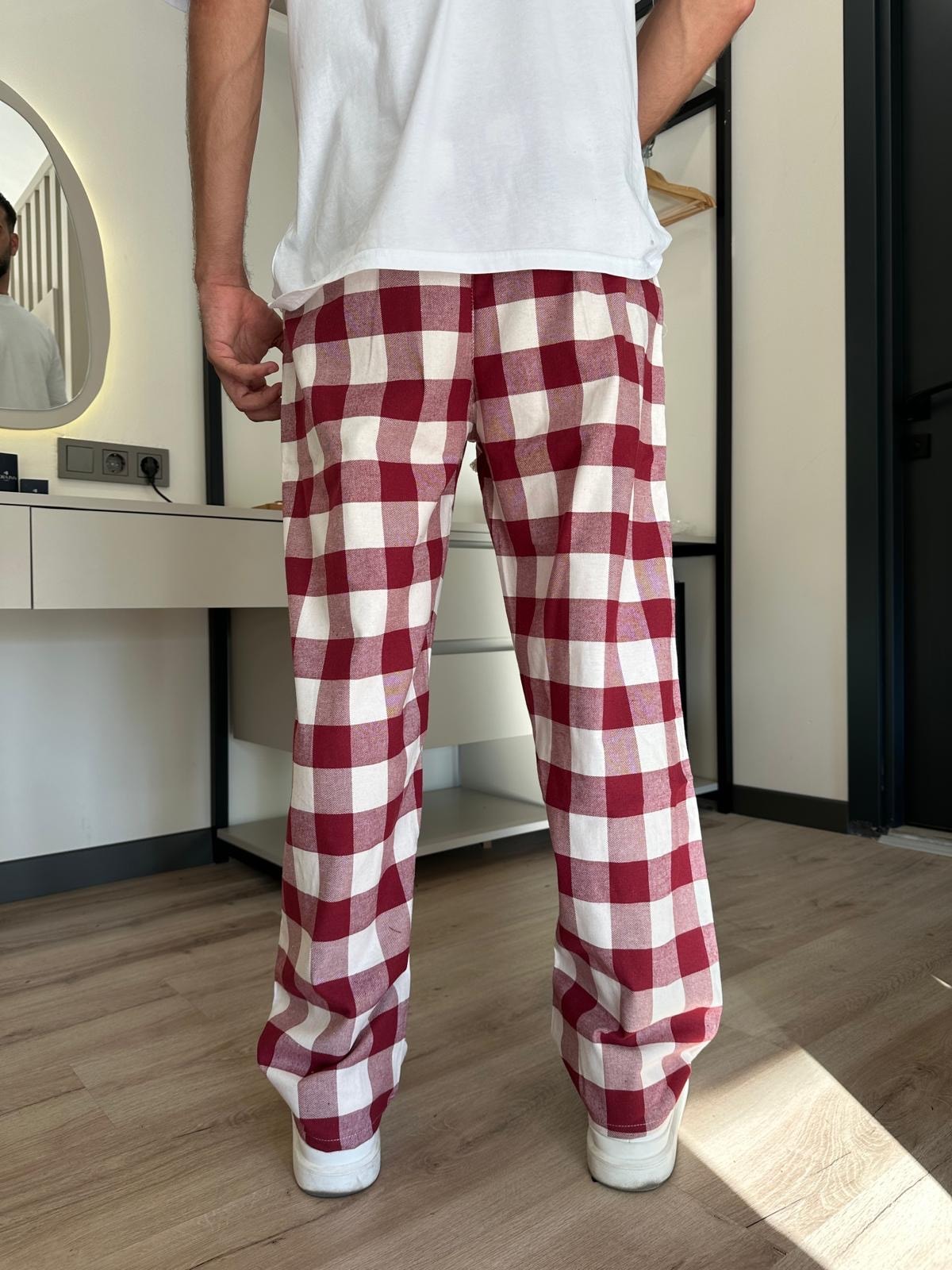 Bordo Beyaz Kareli Ekose Eşofman